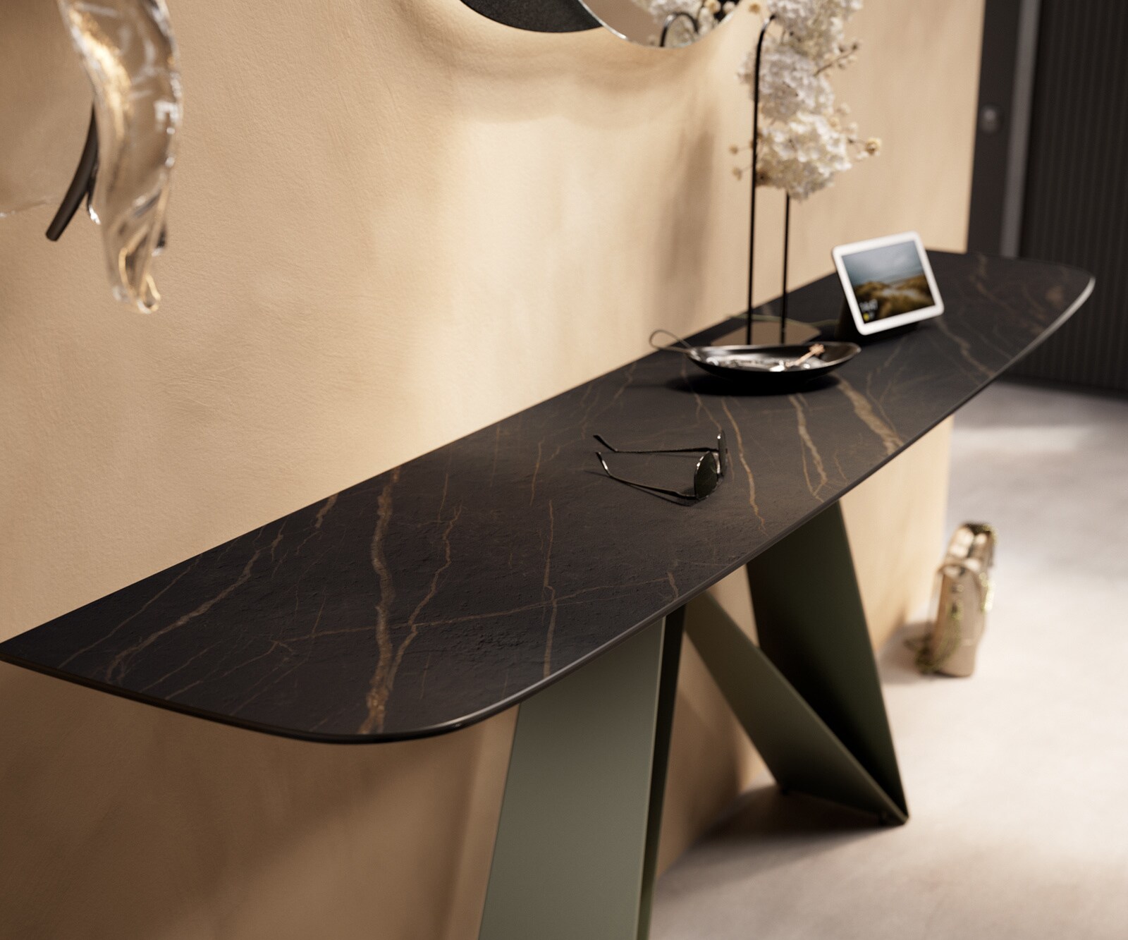Consoletafel Edge Bootvorm 180x40 cm Keramiek Laminam® Noir Desir Braun Velio Metaal Effektfinish Titan 6