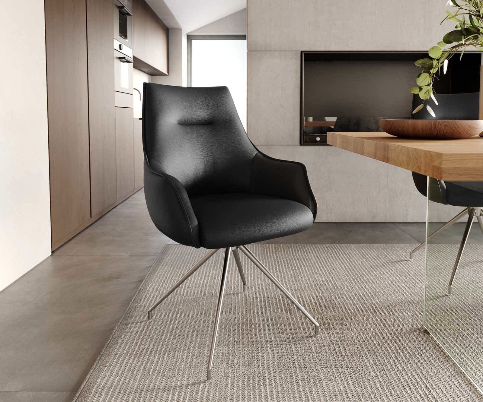 Draaistoel Alja-Flex met armleuning echt leer zwart kruisframe conisch roestvrij staal 180° draaibaar pocketveer kern Draaistoel Alja-Flex met armleuning echt leer zwart kruisframe conisch roestvrij staal 180° draaibaar pocketveer kern