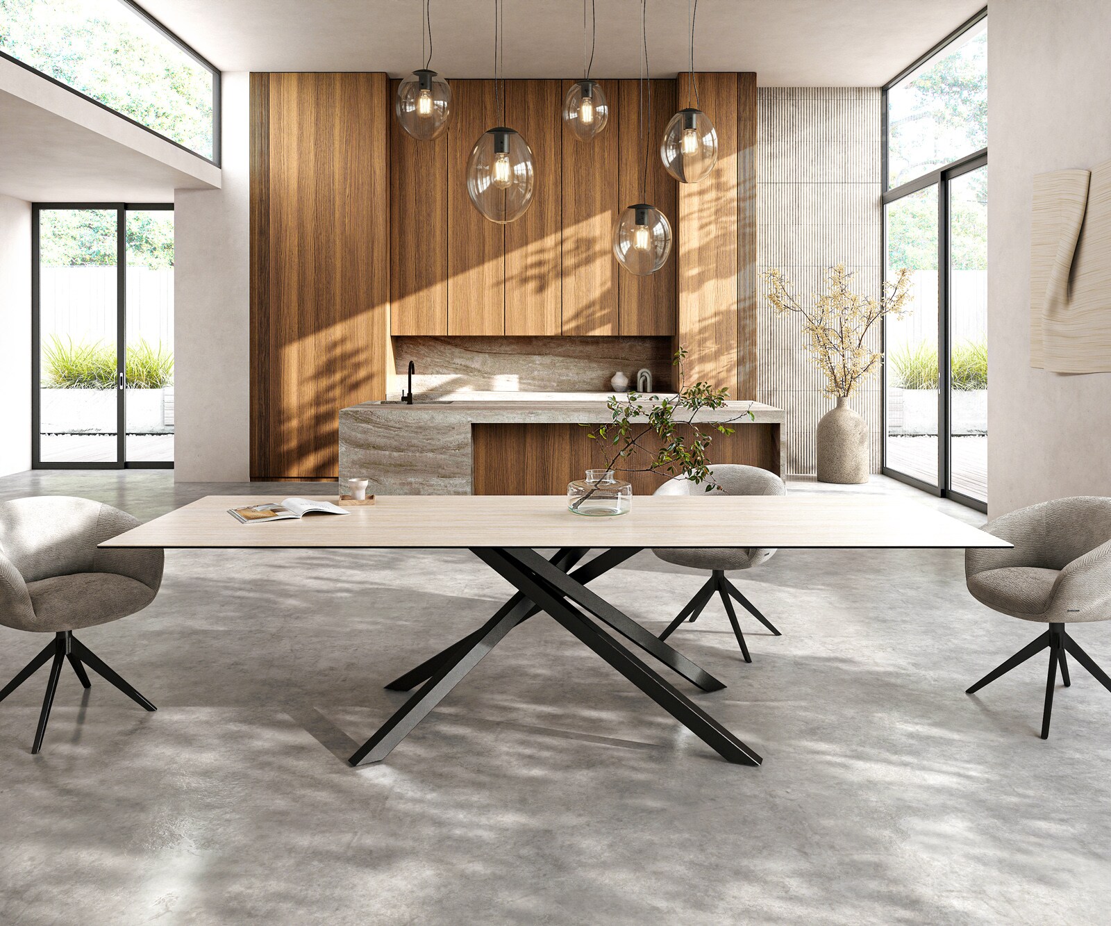 Eetkamertafel Edge 300x100 cm Keramiek Laminam®Travertino Bianco Creme-Wit kruisonderstel Rechthoek Zwart 2