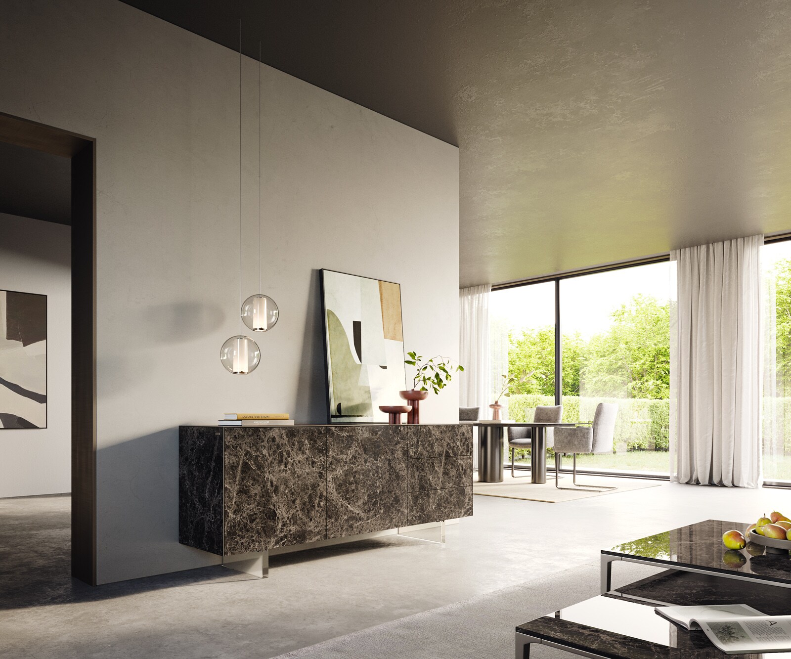 Dressoir Cuor 180 cm Keramiek Laminam® Emperador Extra Lucidato Donkerbruin 2 Deuren 3 Laden Zwevende voet look Acrylglas 6