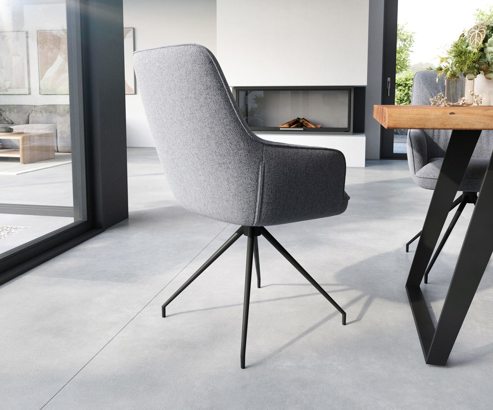 Eetkamerstoel Zelia-Flex met armleuning structuurstof lichtgrijs kruisframe conisch zwart pocketveer kern 4 Eetkamerstoel Zelia-Flex met armleuning structuurstof lichtgrijs kruisframe conisch zwart pocketveer kern 4