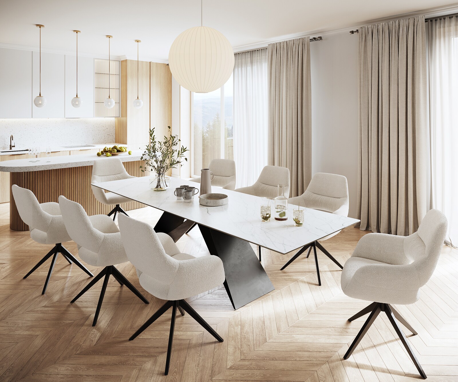 Eettafel Edge 300x100cm Laminam® keramiek wit V-middenpoot zwart 7