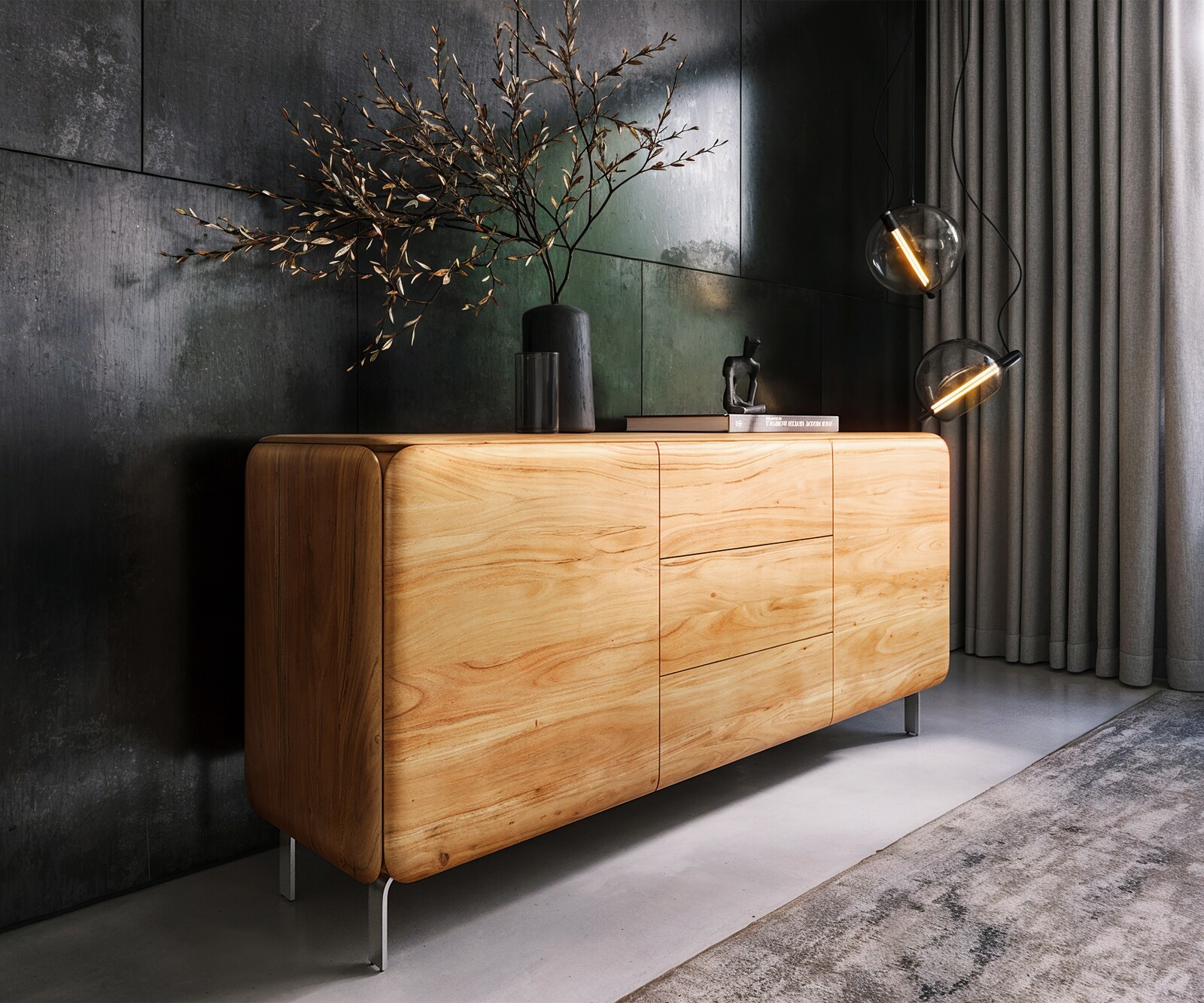 Dressoir Shavani 175 cm acacia natuur 2 deuren 3 lades L-poot RVS zilver