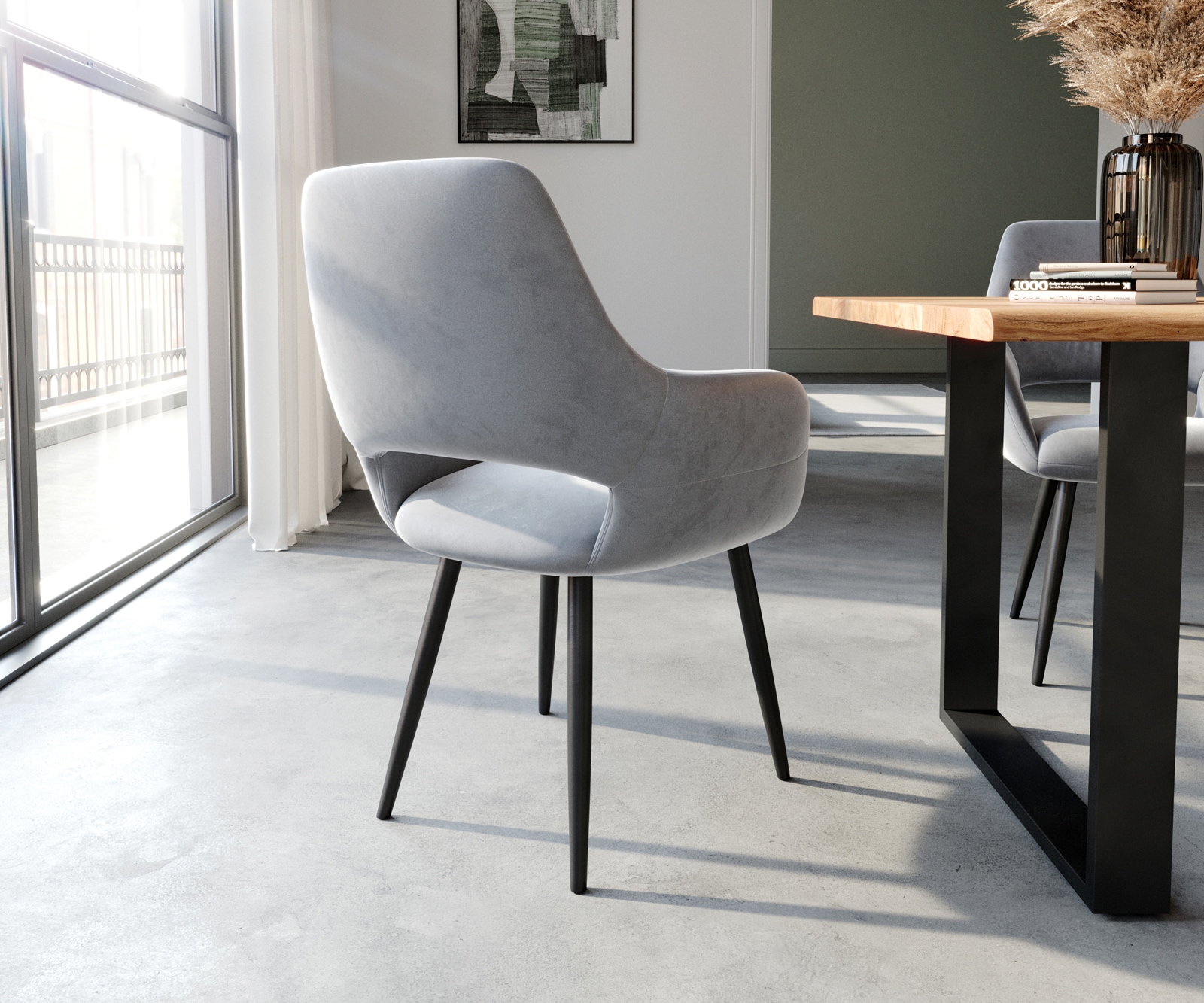 Eetkamerstoel Yago-Flex met armleuning fluweel grijs 4-poot conisch zwart pocketveer kern 4 Eetkamerstoel Yago-Flex met armleuning fluweel grijs 4-poot conisch zwart pocketveer kern 4