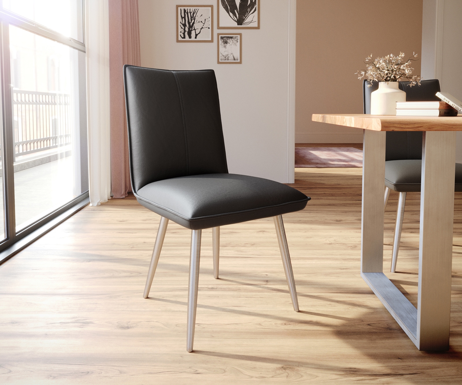 Eetkamerstoel Lelio-Flex echt leer zwart 4-poot conisch roestvrij staal pocketveer kern 1