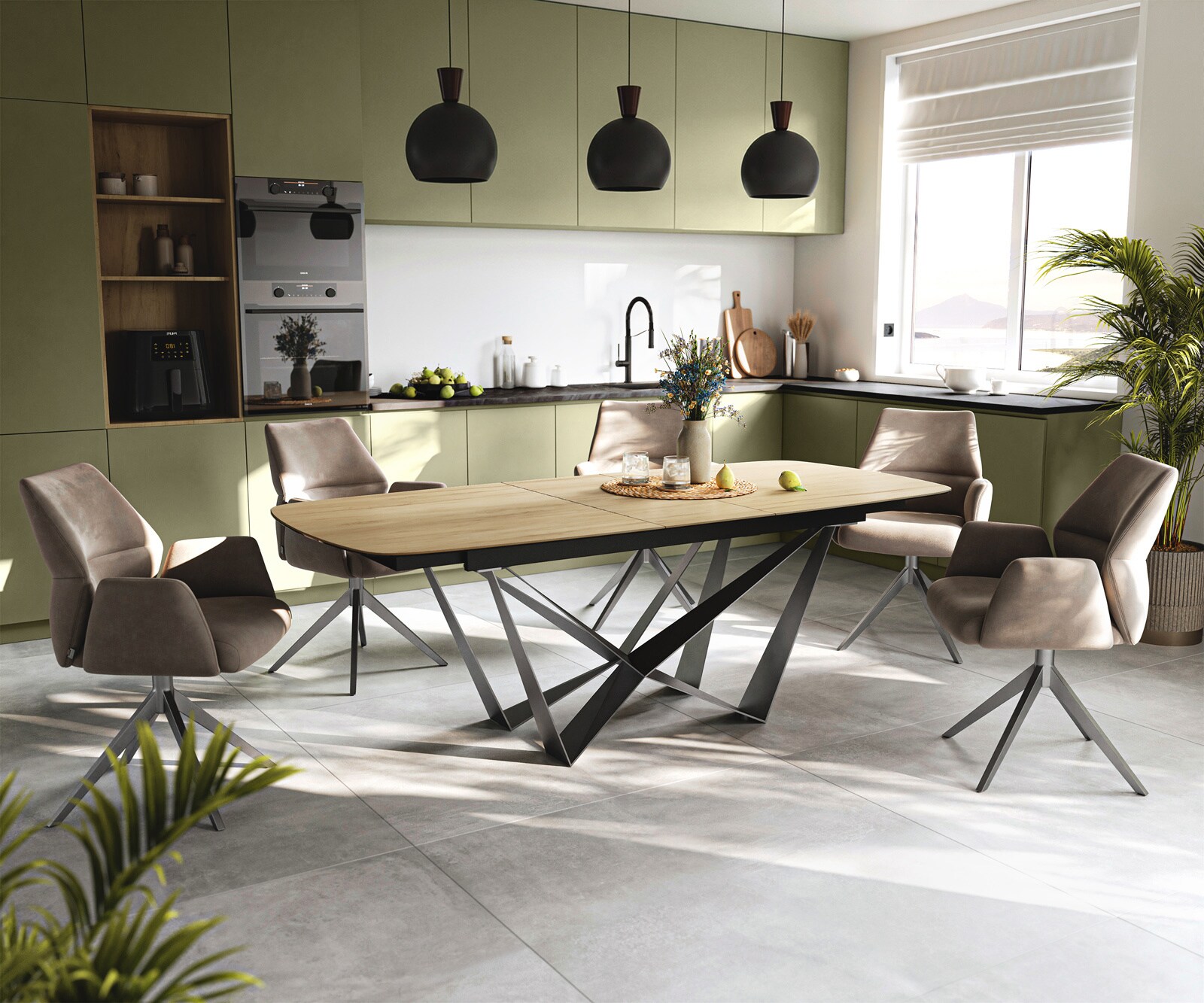Eettafel Edge Boot 180-220x100 cm Keramiek Laminam® Sabbia Eichefarbig Spider Flachstahl Roestvrij staal Grafiet uitschuifbaar 5