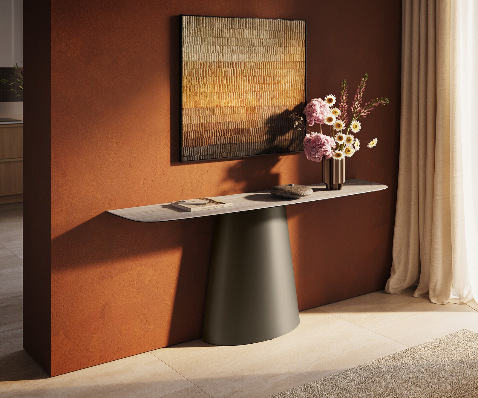 Consoletafel Edge Bootvorm 180x40 cm Keramiek Laminam® Travertino Bianco Creme-Weiß Conos Metaal Effektfinish Titan 1