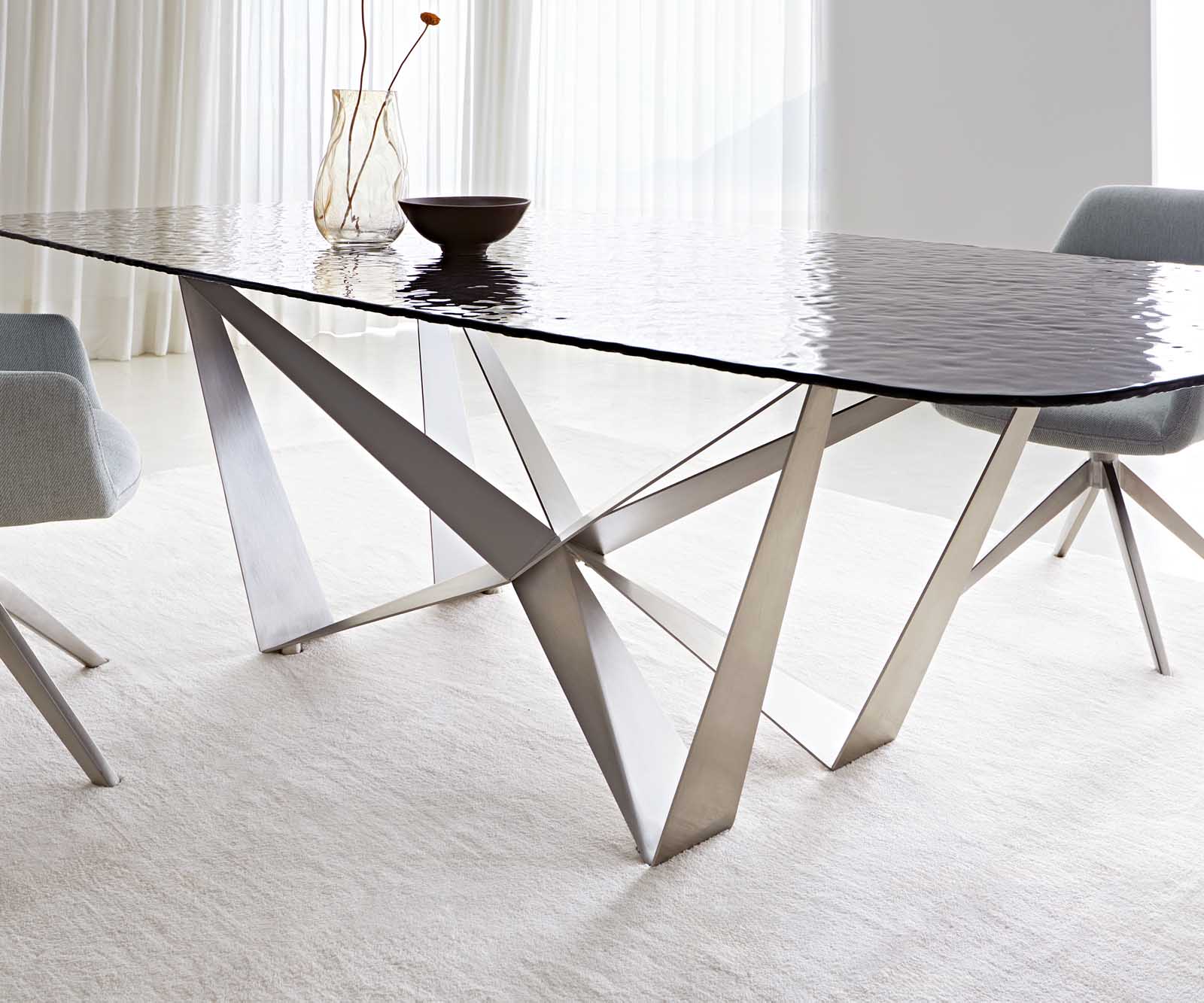 Eetkamertafel Edge Boot 240x120 Glas smelten rokerig zwart 3D-Relief spider vlak staal RVS 7