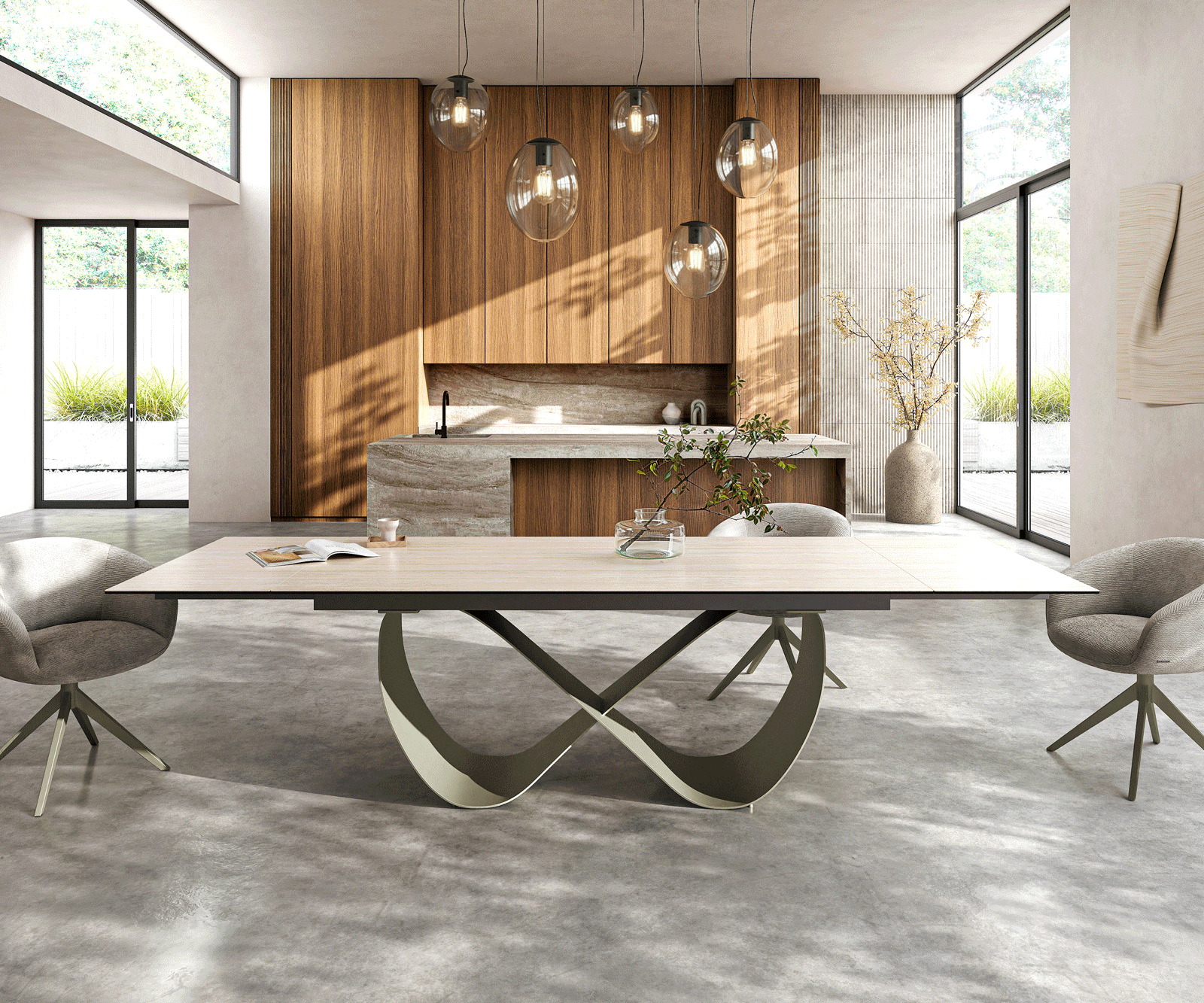 Eettafel Edge 200-300x100 keramiek  Laminam® Travertino Bianco Creme-wit Infinity metaal effectafwerking Titan uitrekbaar 1