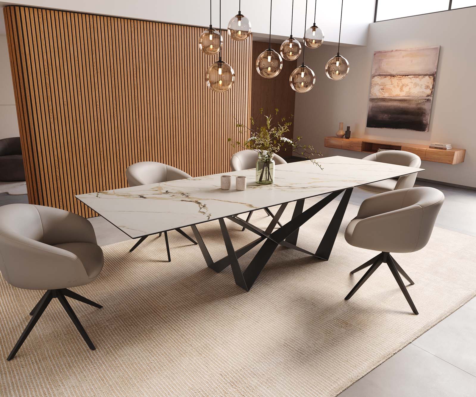Eetkamertafel Edge 300x100 keramiek Calacatta Luxe wit-goud-grijs spider vlak staal zwart 8