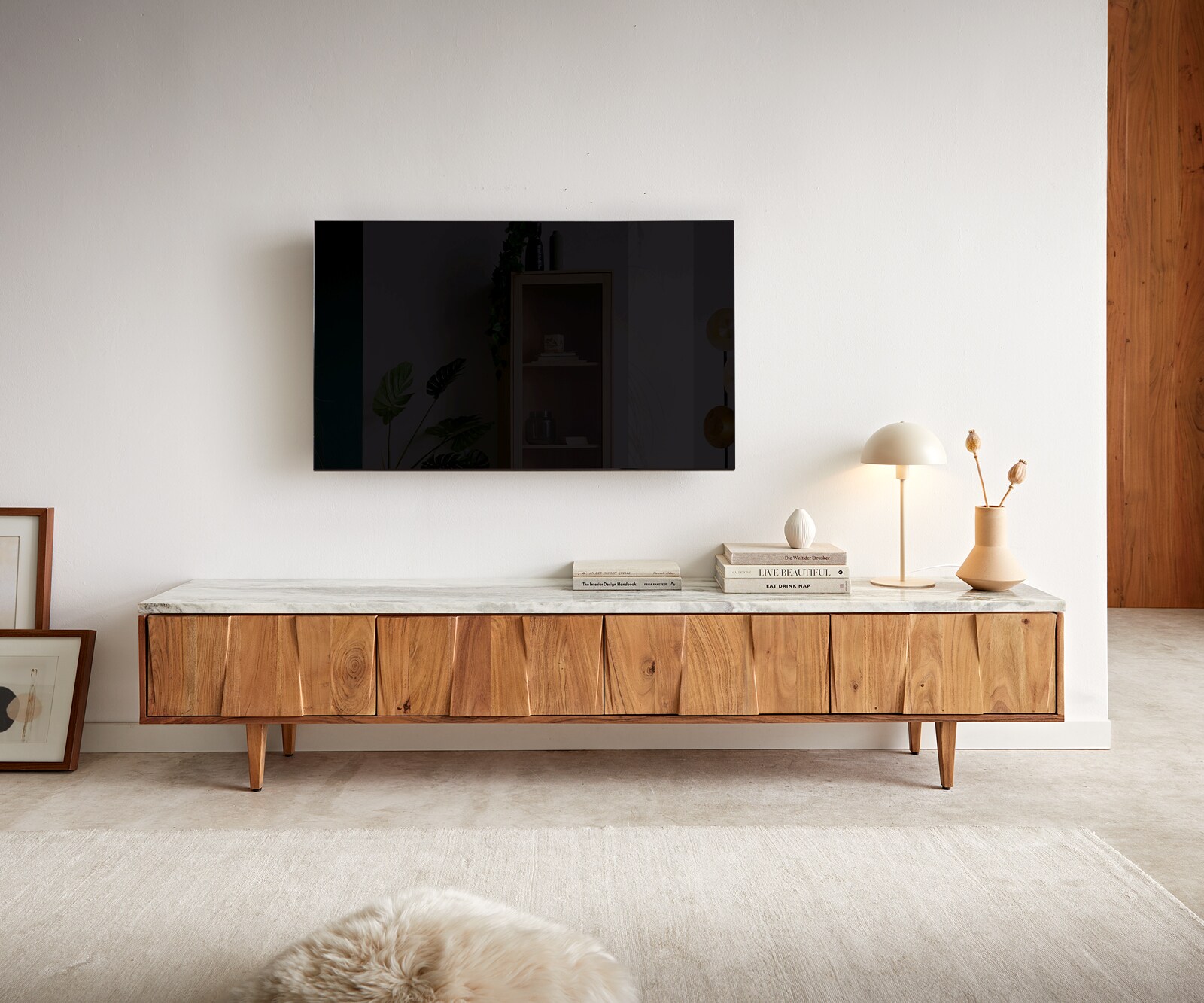 Tv-meubel Shia 200cm acacia natuur marmer grijs-wit 4 deuren 1