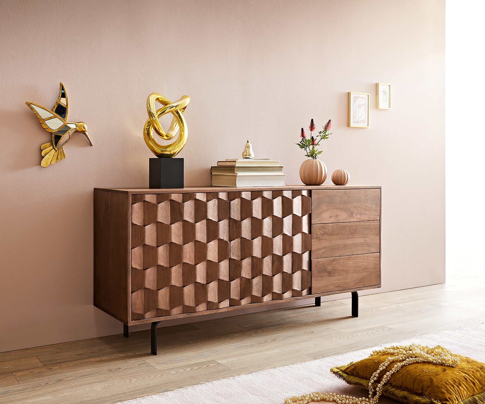 Dressoir Fevo 145 cm acacia bruin 2 deuren 3 schuifladen L-poot Dressoir Fevo 145 cm acacia bruin 2 deuren 3 schuifladen L-poot