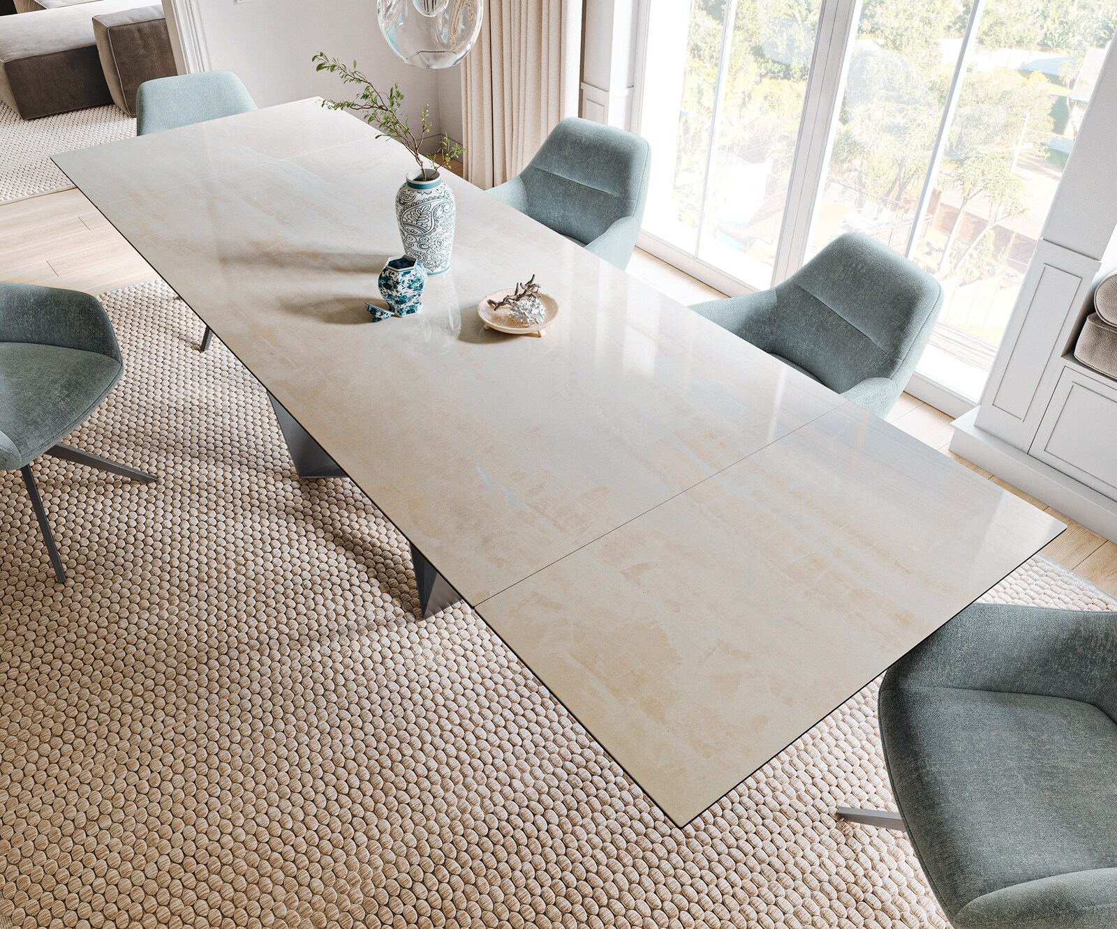 Eettafel Edge 200-300x100 cm keramiek Onyx Champagne Spider plat staal roestvrij staal grafiet uittrekbaar 4