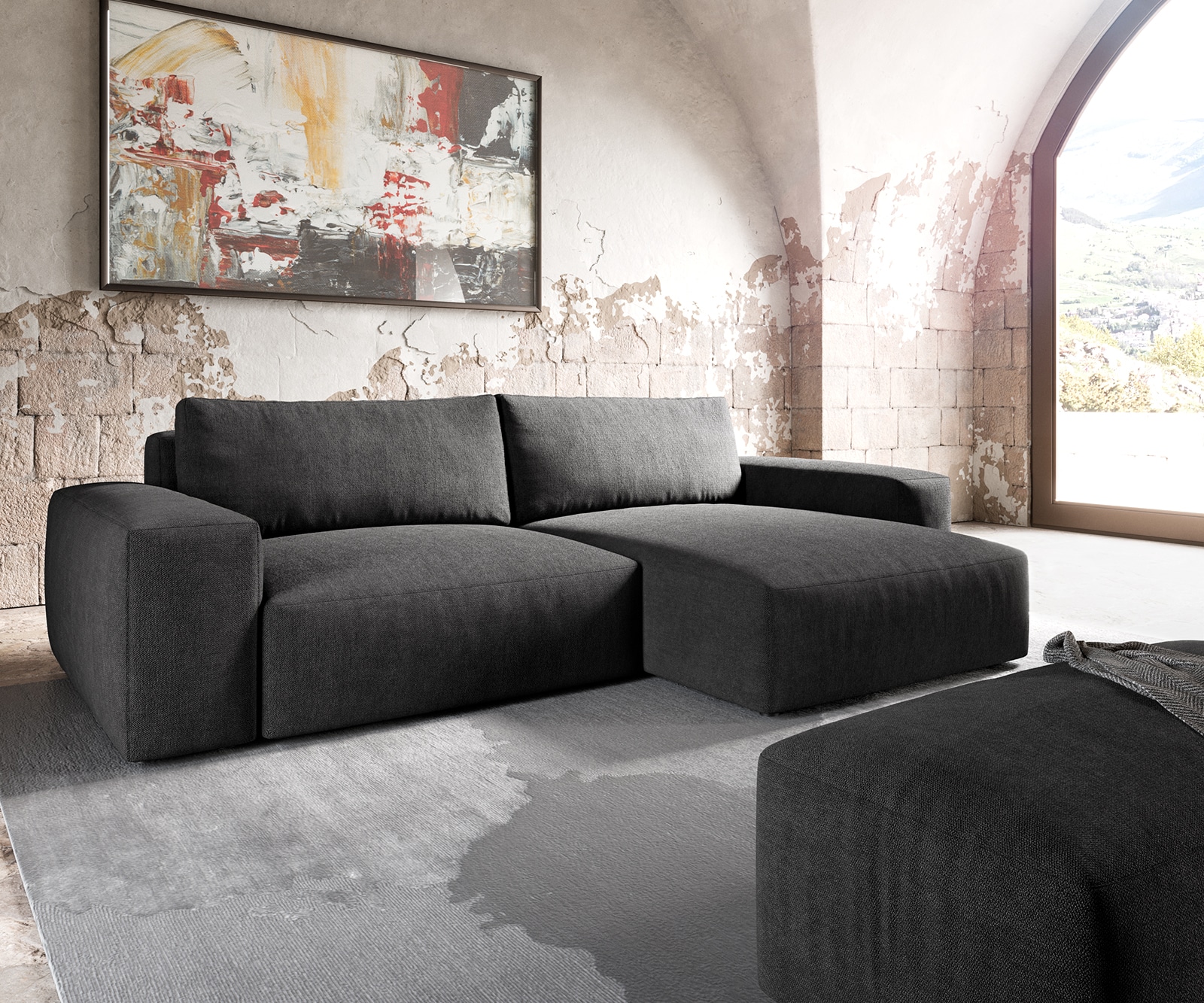 Hoekbank Lanzo XL 270x180 cm microvezel Zwart Recamiere variabel met poef Hoekbank Lanzo XL 270x180 cm microvezel Zwart Recamiere variabel met poef