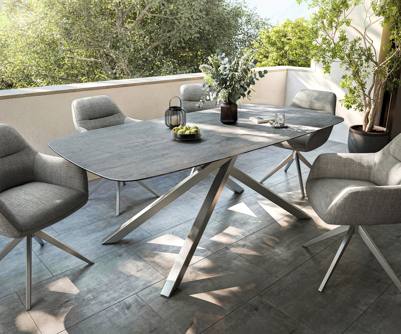 Outdoortafel Edge boot 200x100 cm keramiek beton grijs kruisframe rechthoekig roestvrij staal 4