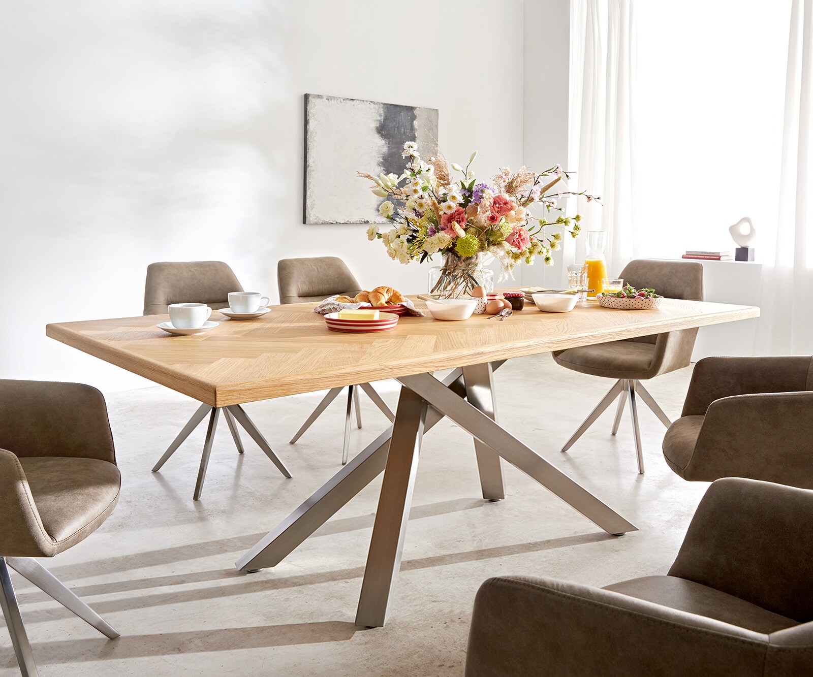 Eettafel Edge-Pure 200x100 eiken natuur Fishbone kruisframe rechthoek roestvrij staal