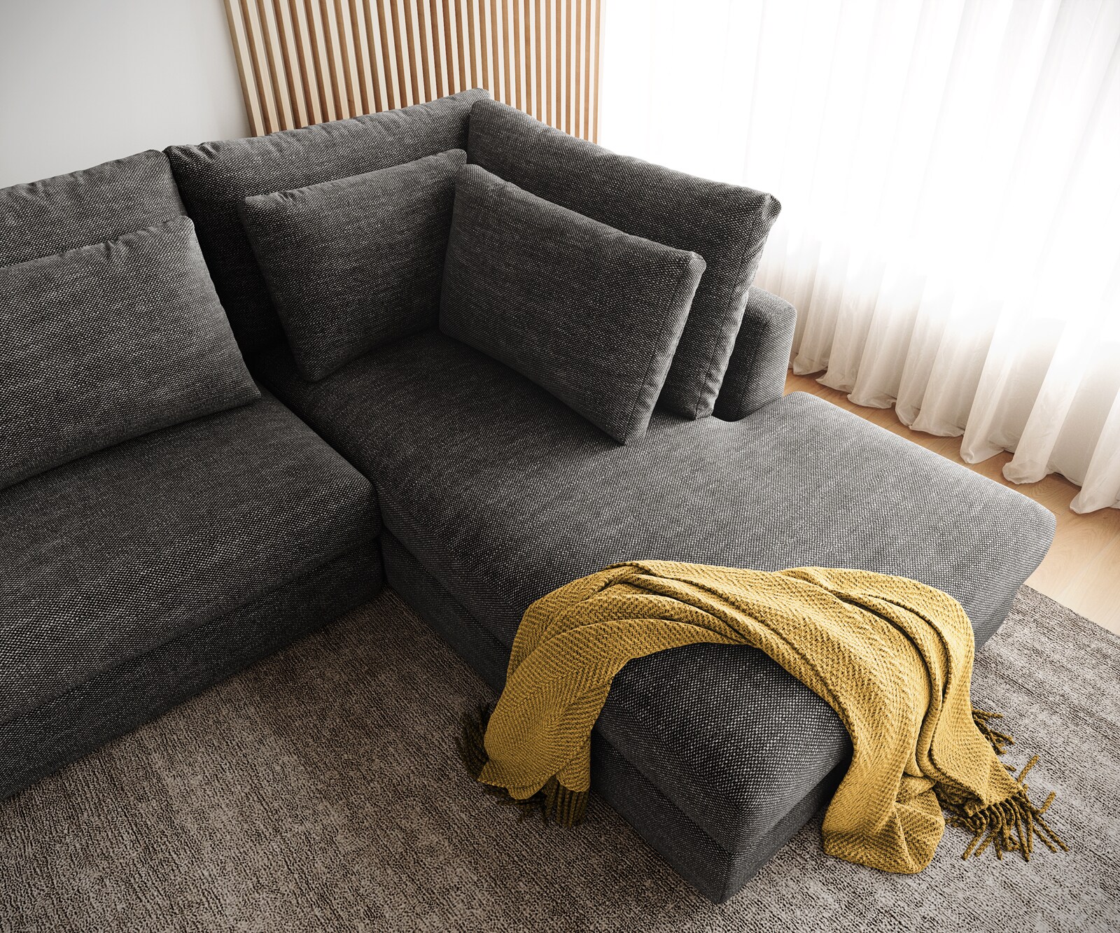 Hoekbank Isla 330x225 cm Chenille antraciet voetenbank rechts 5