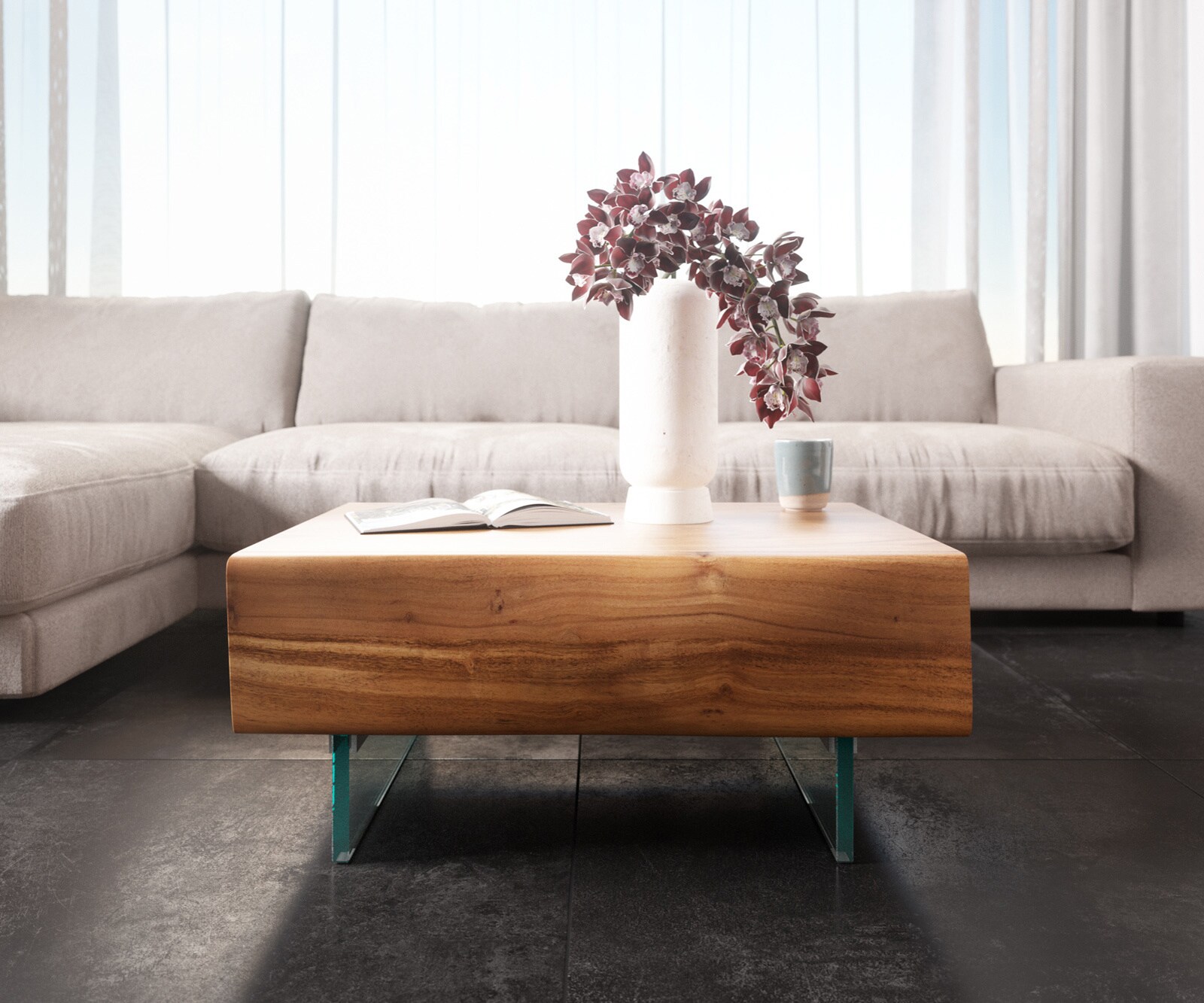 Bijzettafel New Live-Edge acacia natuur 80x60 cm 2 laden glasvoet zwevend 1