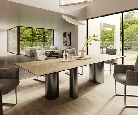 Eetkamertafel Edge 300x100 keramiek Laminam® Sabbia eiken kleur Troa roestvrij staal grafiet