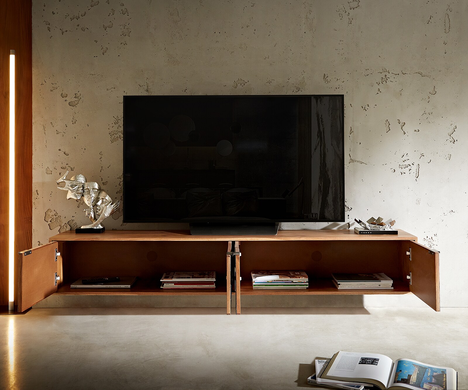 TV-meubel Teele acacia natuurleisteen 200 cm 4 deurs zwevend lowboard 5