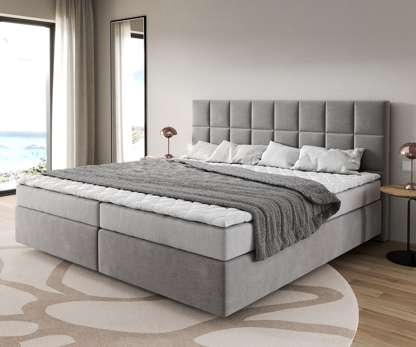 Boxspringbed Dream-Fijn microvezel grijs 200x200 cm Bonell matras PU topper 1