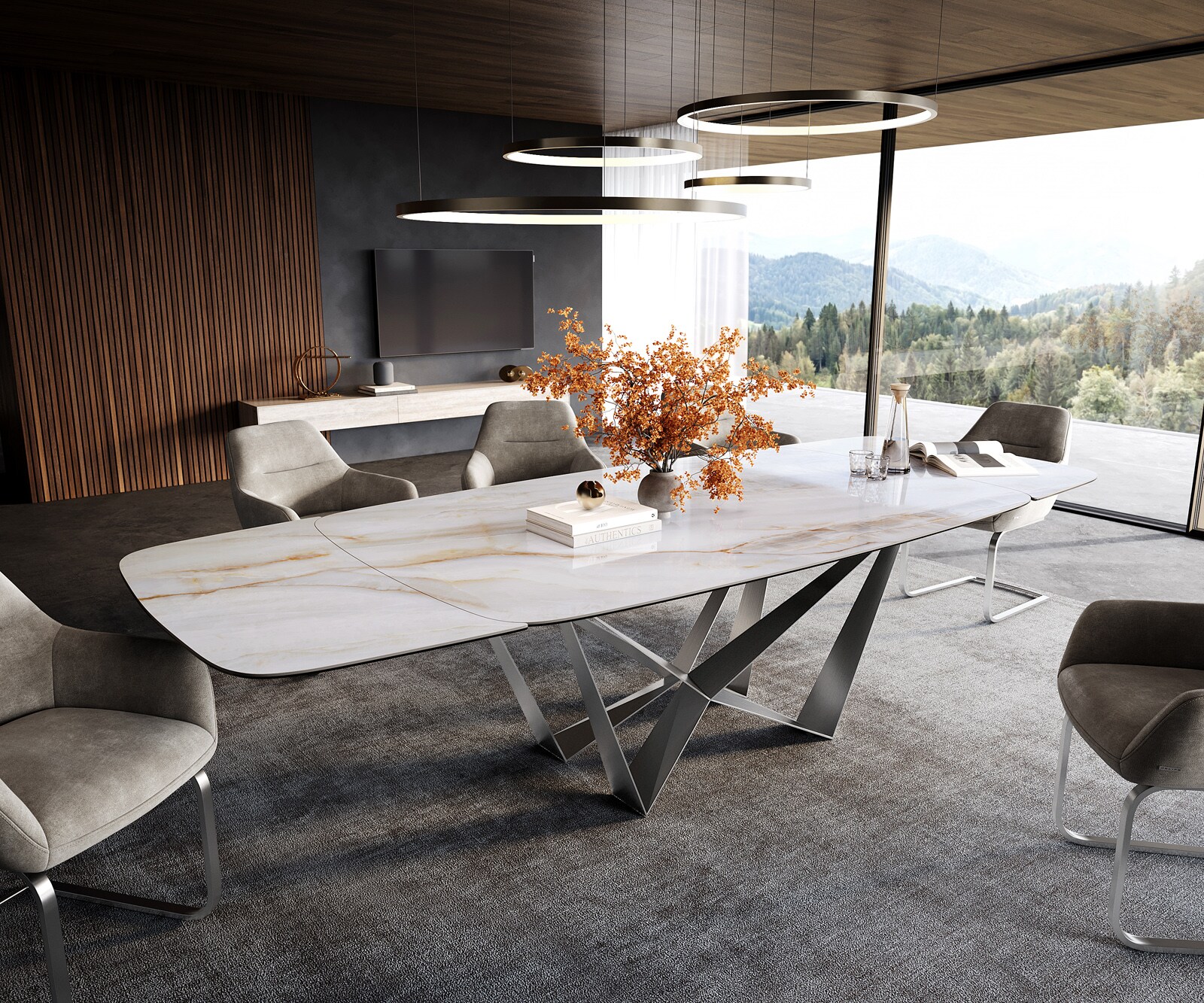 Eettafel Edge bootvorm 200-300x120 cm keramiek Onyx Pearl Spider platstaal roestvrij staal uitschuifbaar 1