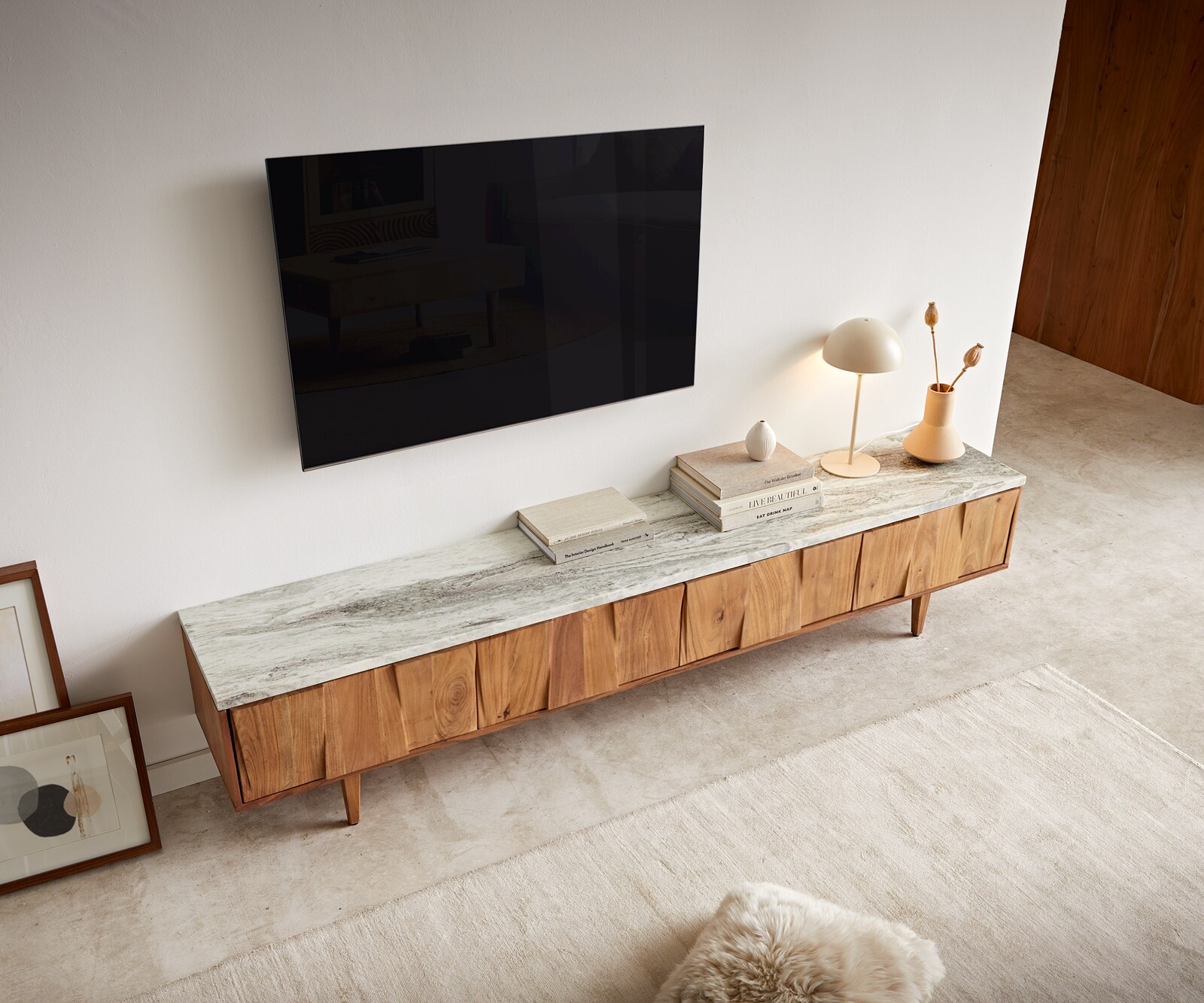 Tv-meubel Shia 200cm acacia natuur marmer grijs-wit 4 deuren 3