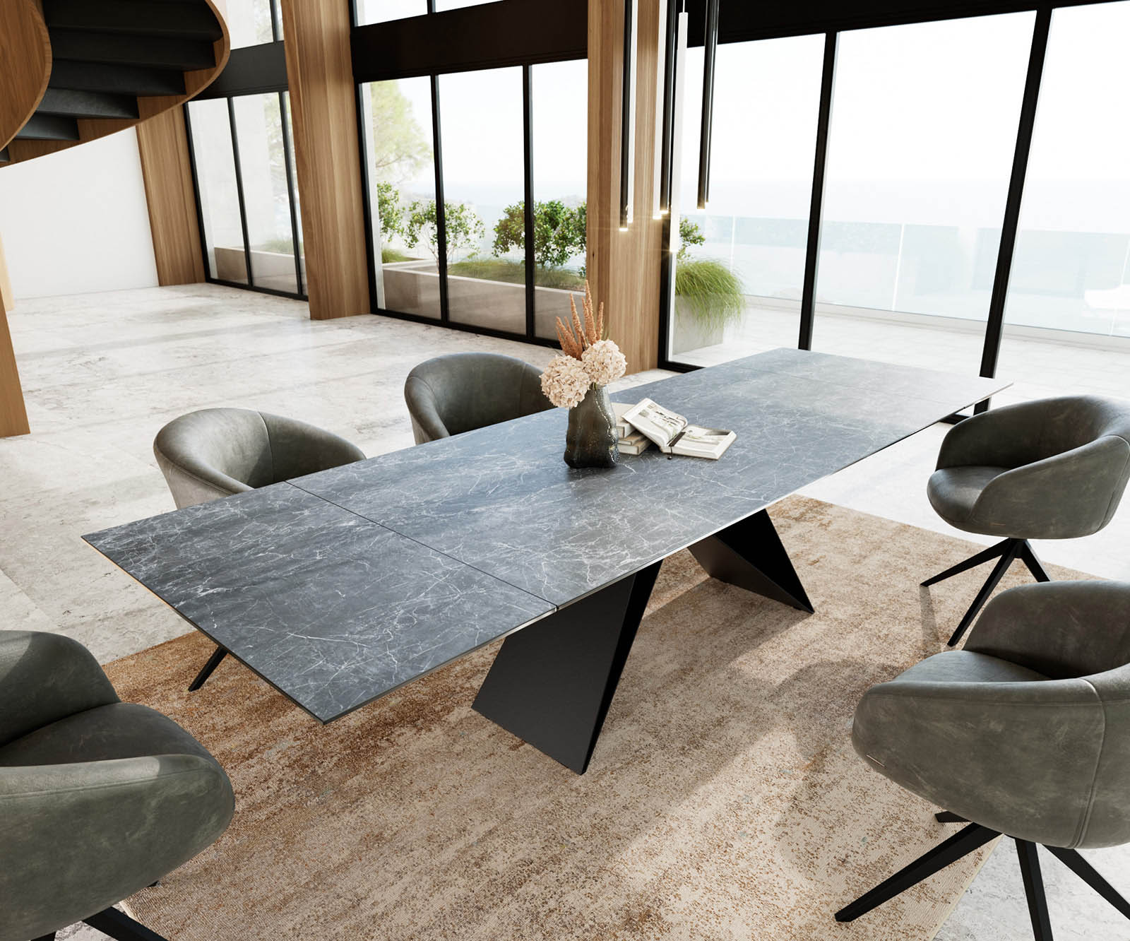 Eetkamertafel Edge 200-300x100 keramiek Laminam®Nero Greco grijs V-frame vlak staal zwart uitschuifbaar