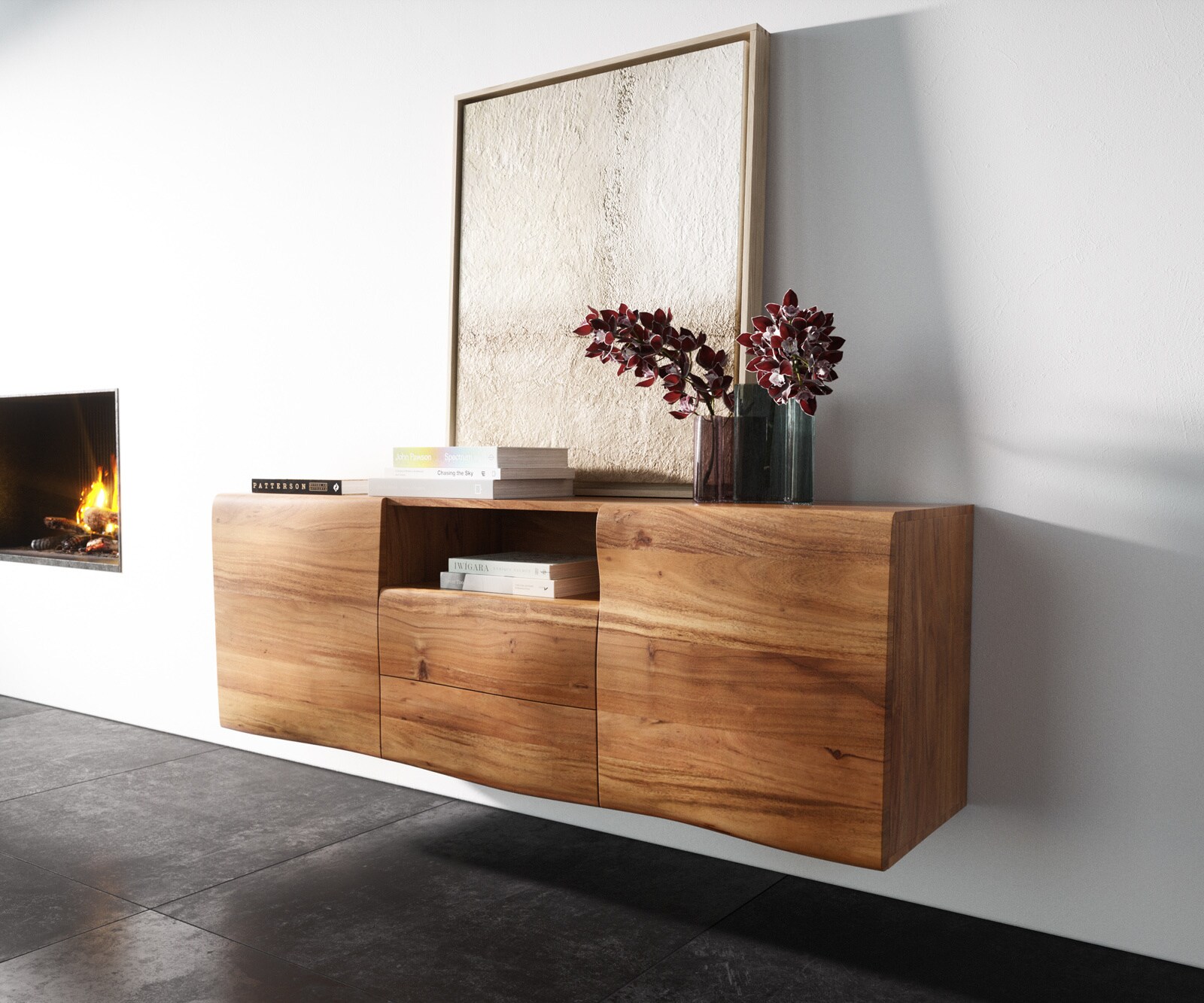 Dressoir New Live-Edge 145 cm acacia natuur 2 deuren 2 laden 1 vak zwevend