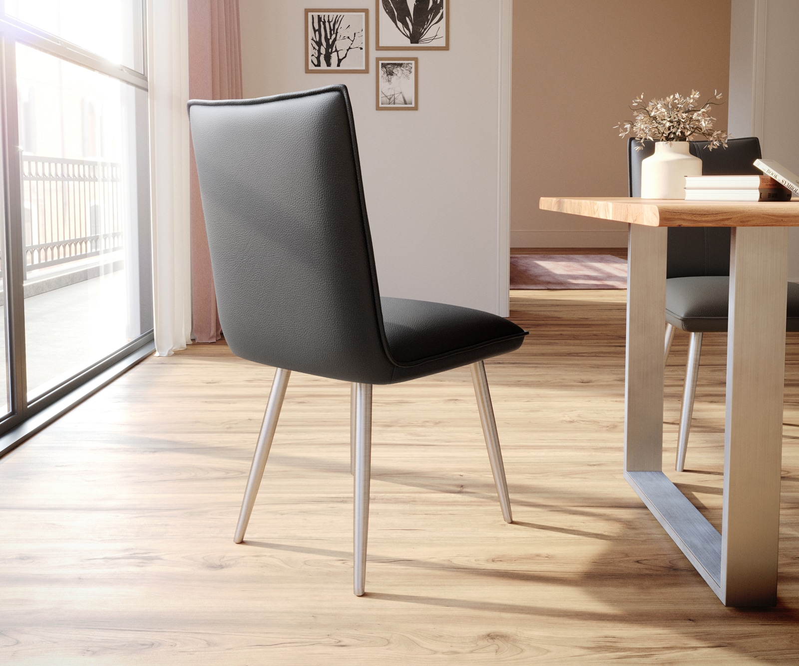 Eetkamerstoel Lelio-Flex echt leer zwart 4-poot conisch roestvrij staal pocketveer kern 5