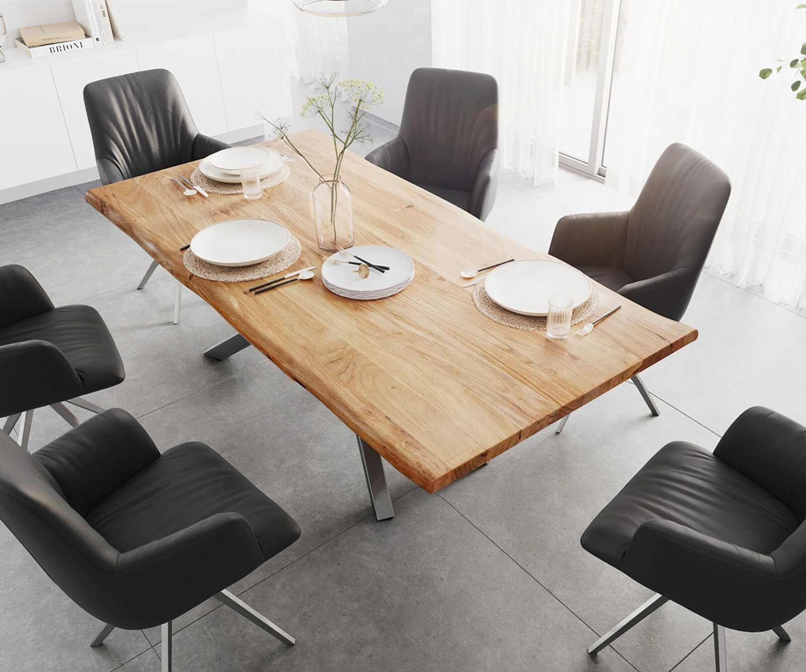 Eettafel Edge 200x100 acacia natuur kruisframe rechthoek roestvrij staal  Live-Edge 3