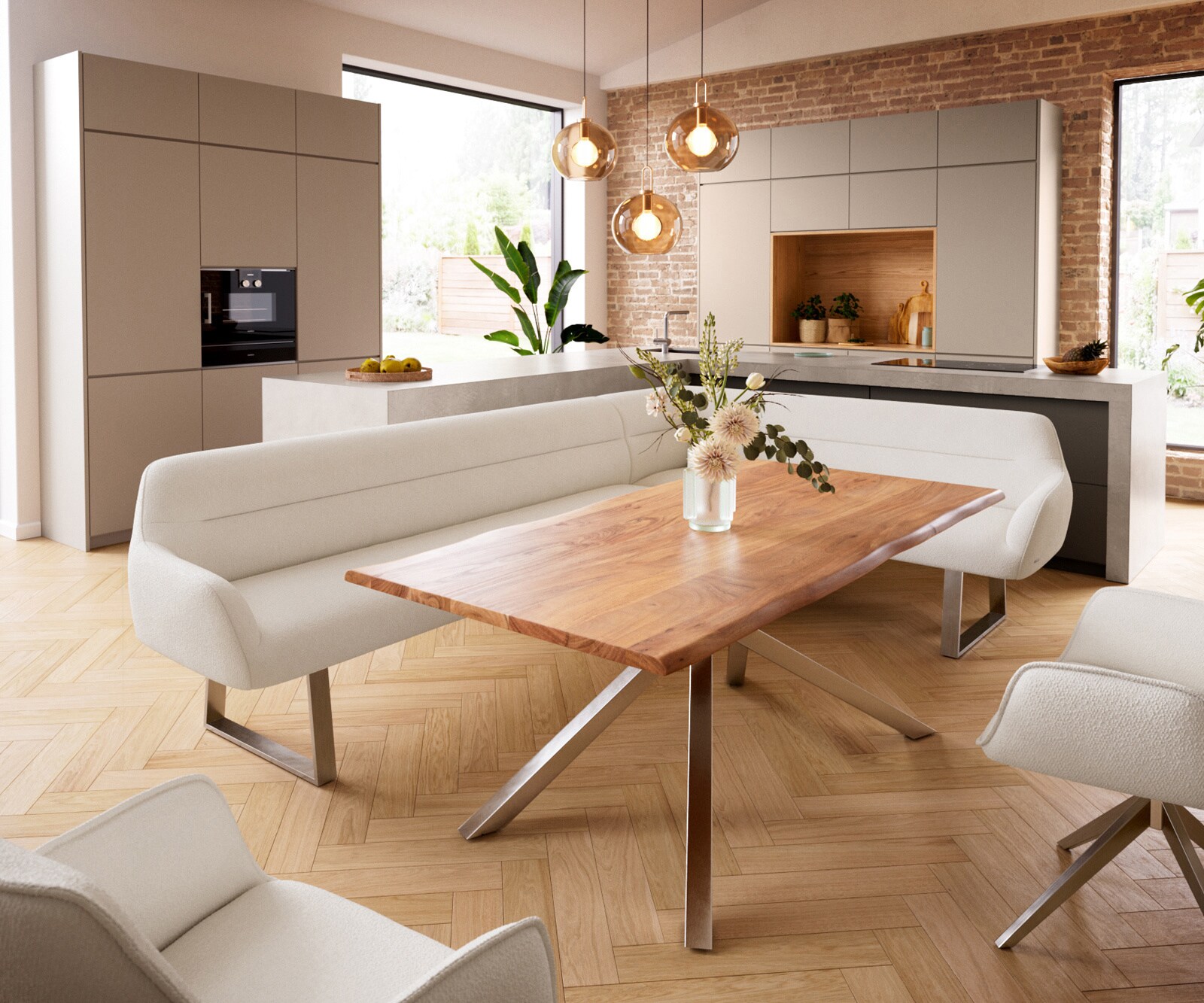 Eetkamerbank Taya-Flex 285x190 cm bouclé crème-wit gekant sledeframe roestvrij staal pocketvering links 1