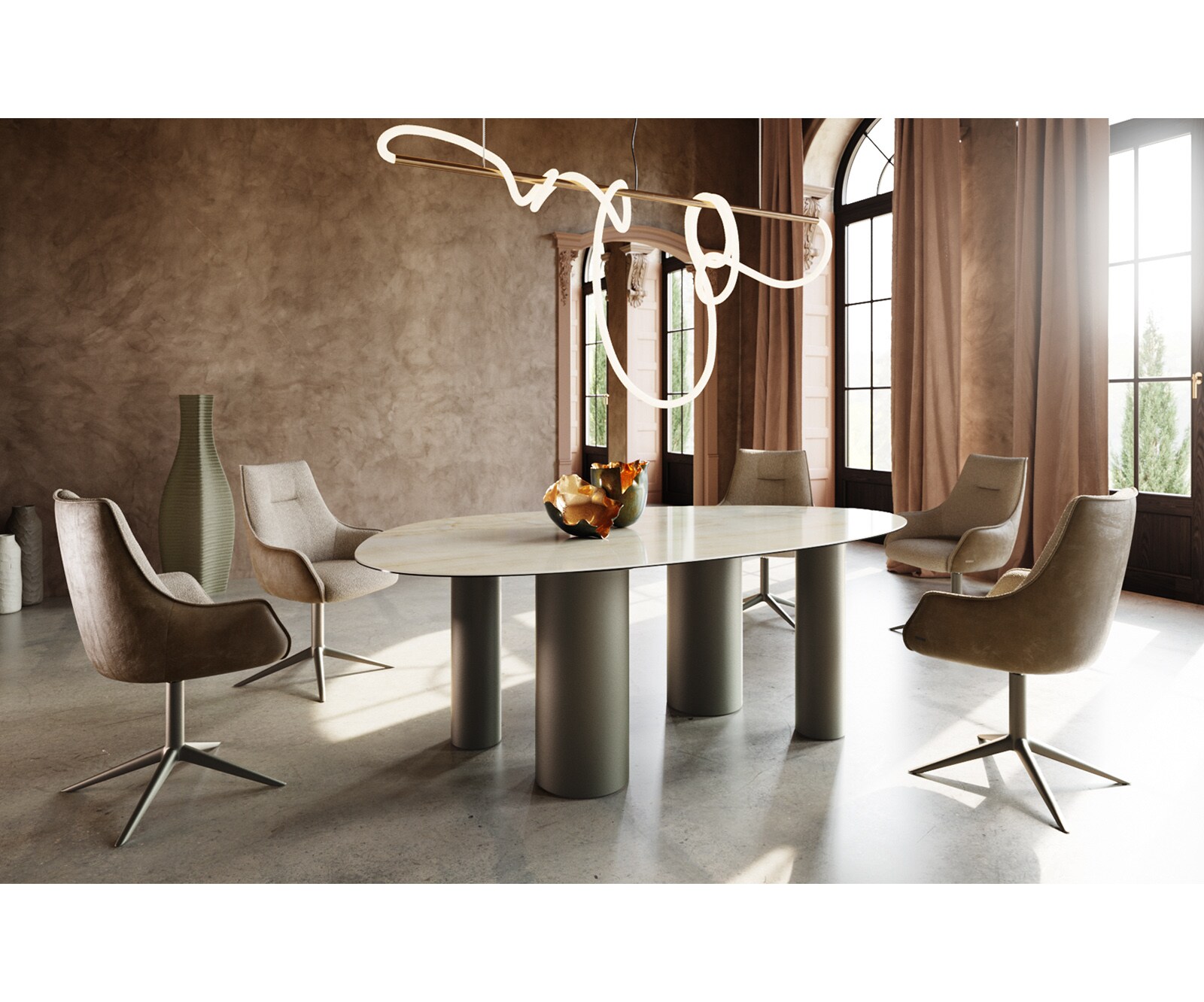 Eetkamertafel Edge ovaal 220x120 keramiek Iris FMG Onice Oro Pilier metaal effectafwerking titaan 4