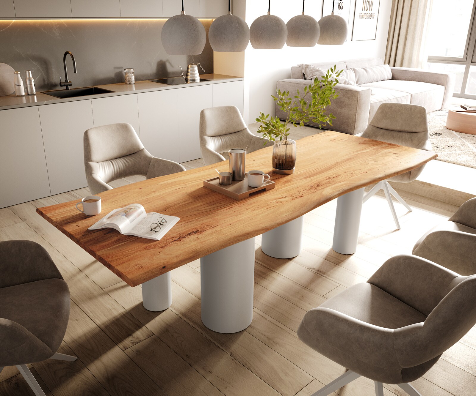 Eetkamertafel Edge 260x100 acacia natuurPilier metaal wit Live-Edge