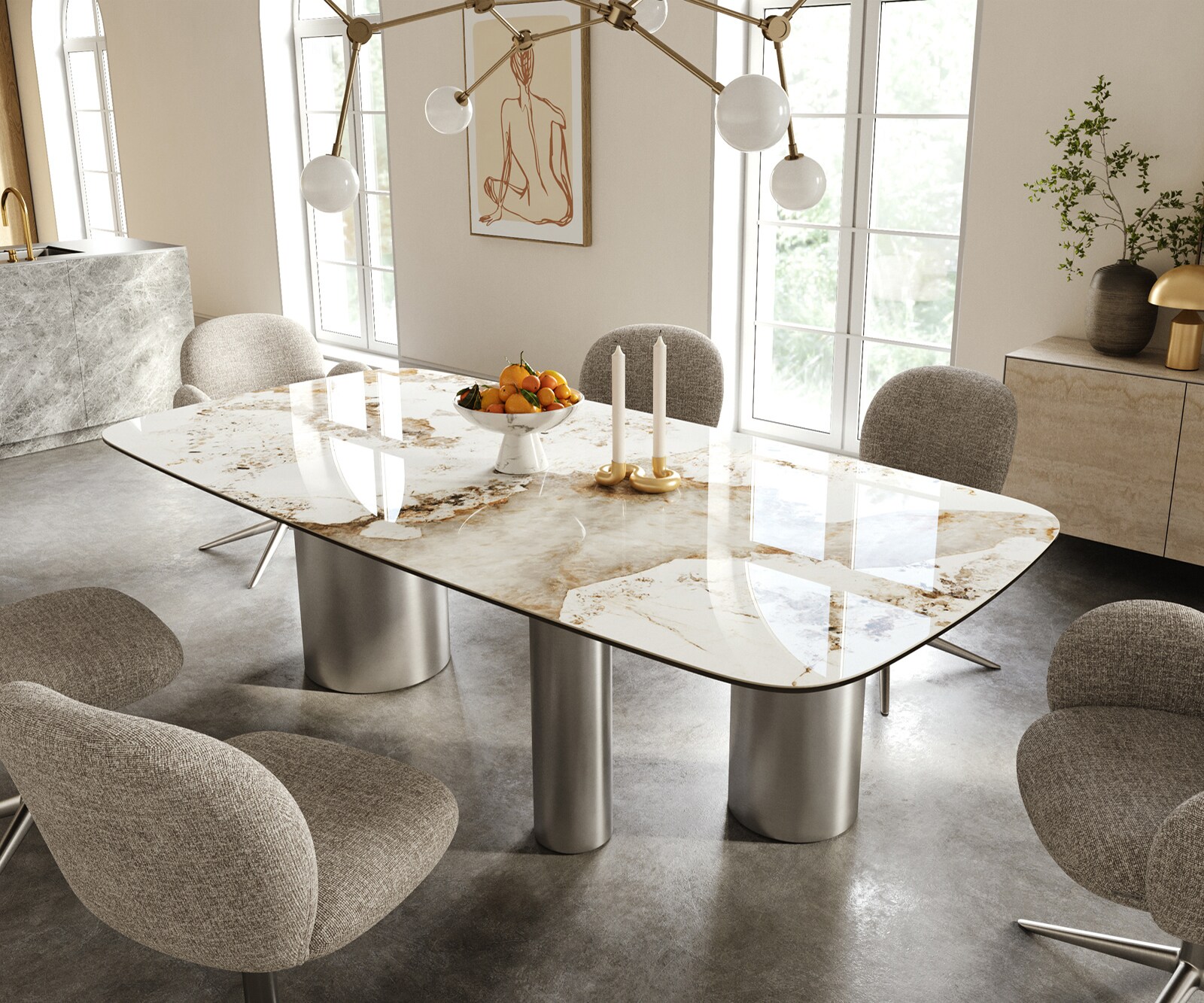 Eettafel Edge Boot 240x120 cm Keramiek Minas Melange Wit-Beige Troa Roestvrij staal gebürstet 1