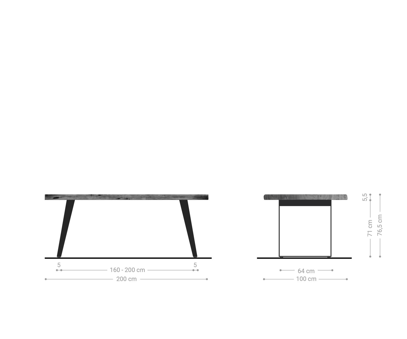 Eettafel Edge 200x100cm XL acacia natuur roestvrijstaal zilver schuin Live-Edge 6
