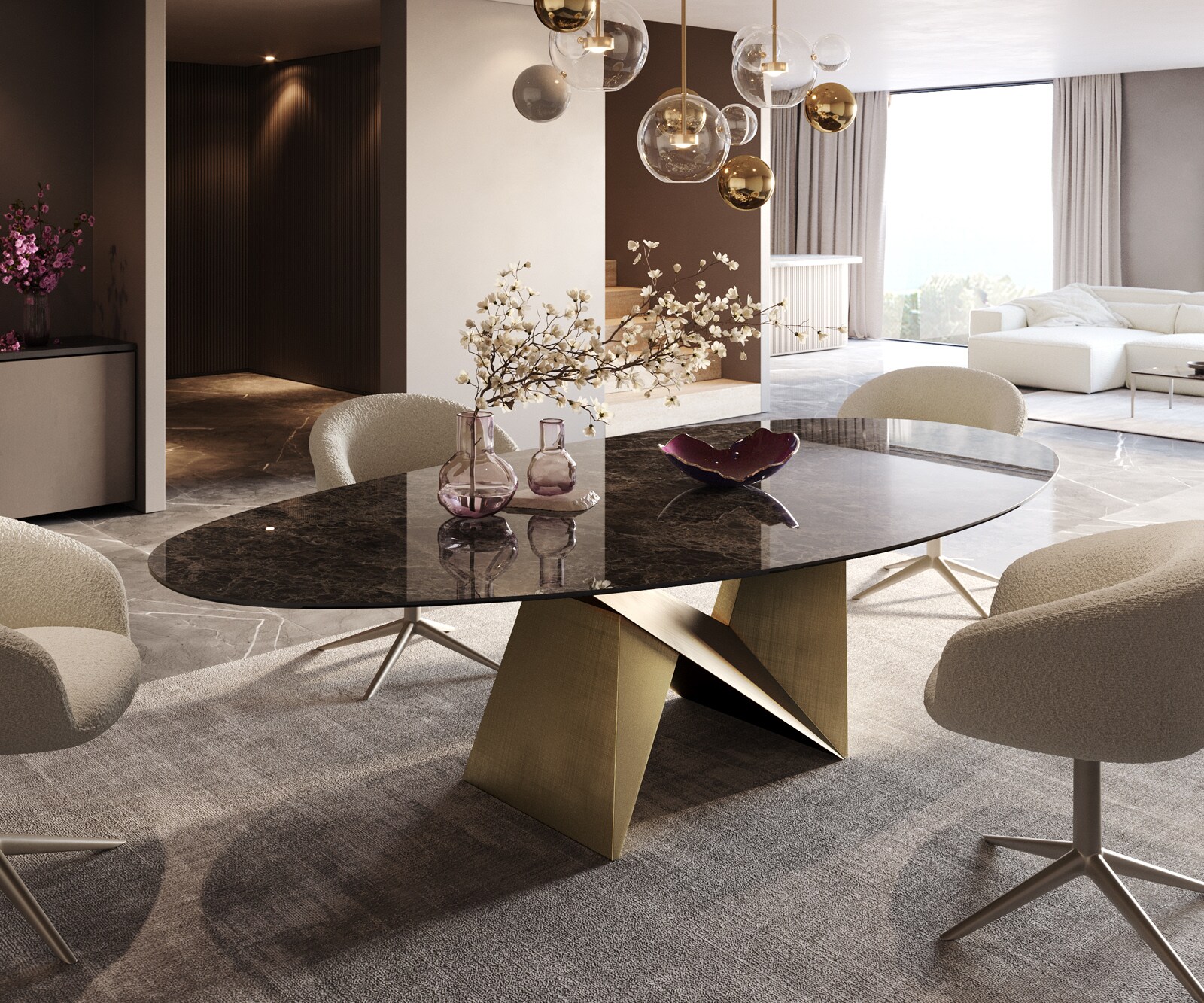 Eettafel Edge Ovaal Keramiek Emperador Extra Lucidato Donkerbruin 280x130 Origami Metallic Goud 1