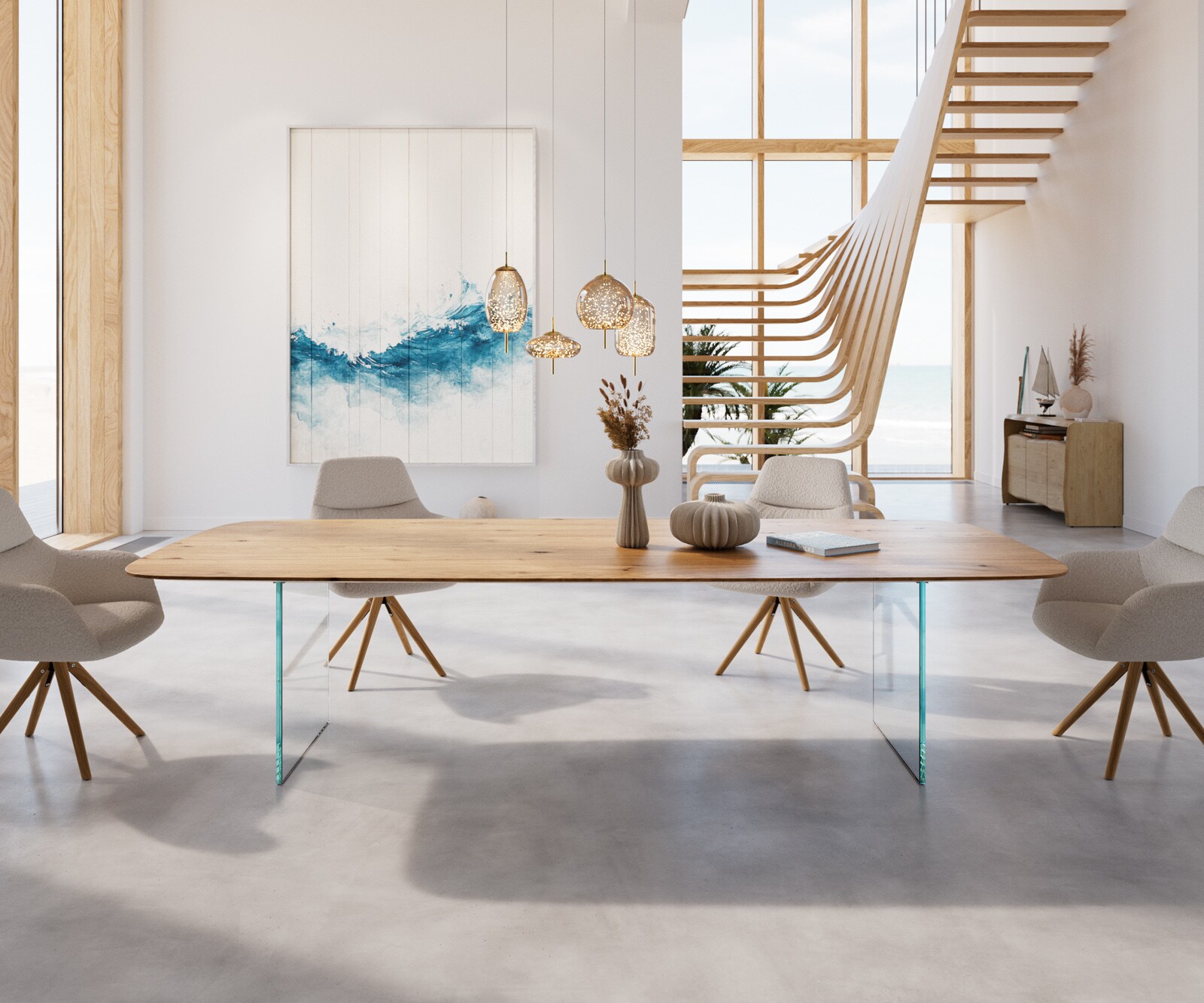 Eettafel Edge Boot 300x120x2,5-3 eiken natuur glas Schweizer Kante 2