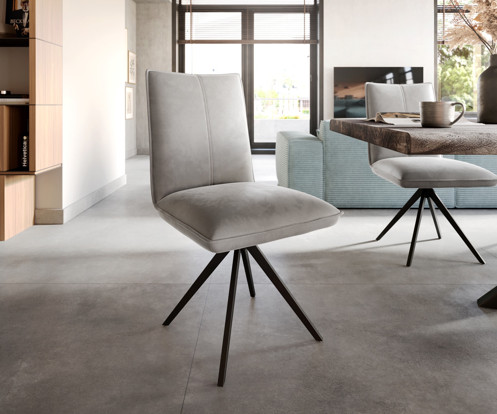 Eetkamerstoel Lelio-Flex fluweel grijs kruisframe breed zwart pocketveer kern 1