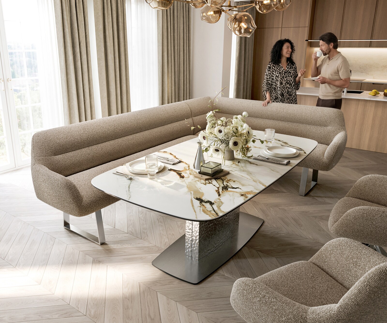 Eetkamerbank Taya-Flex 285x190 cm bouclé mud gekant sledeframe roestvrij staal pocketvering links 1