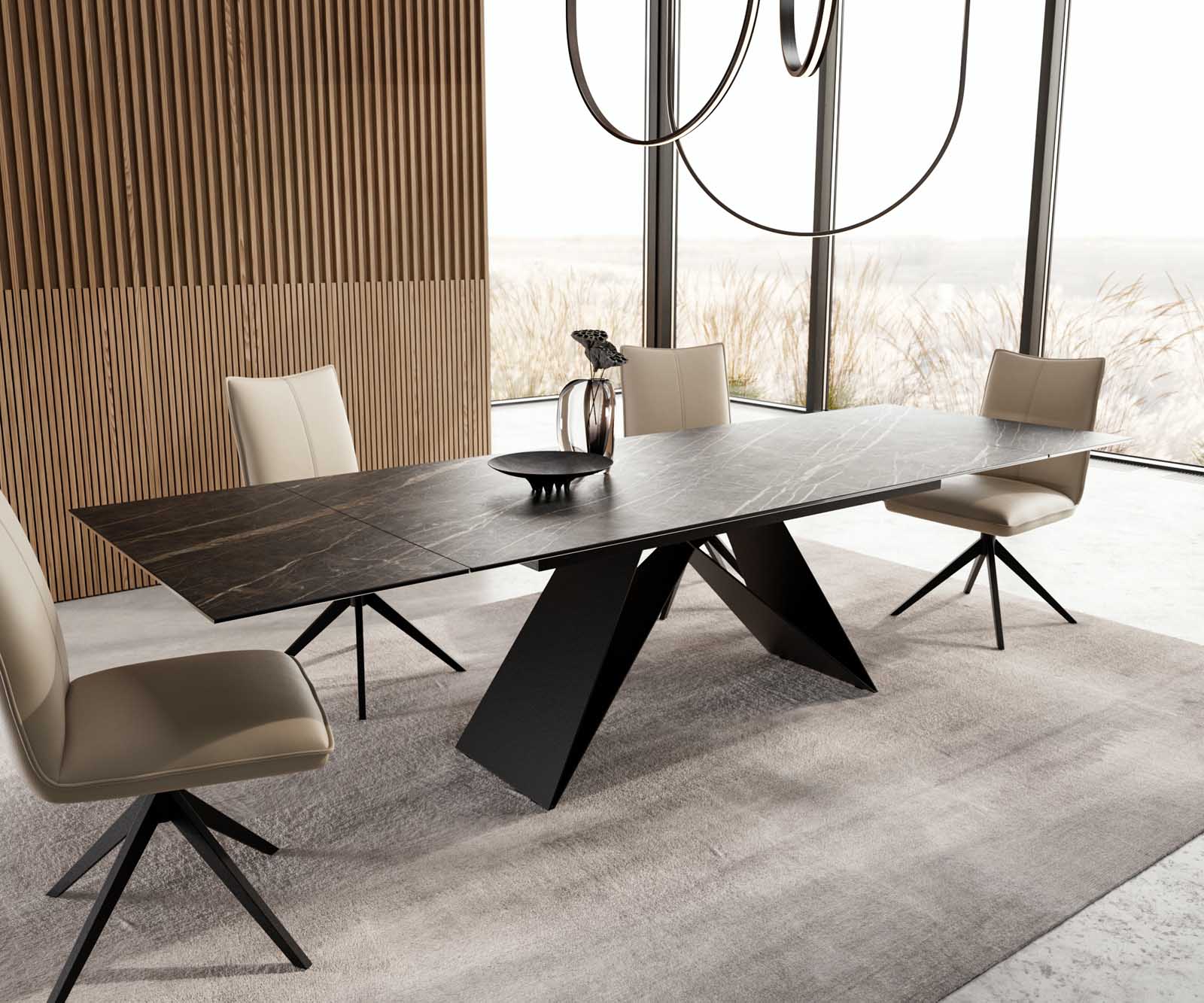 Eetkamertafel Edge 200-300x100 keramiek Laminam®Noir Desir bruin V-frame vlak staal zwart uitschuifbaar 6