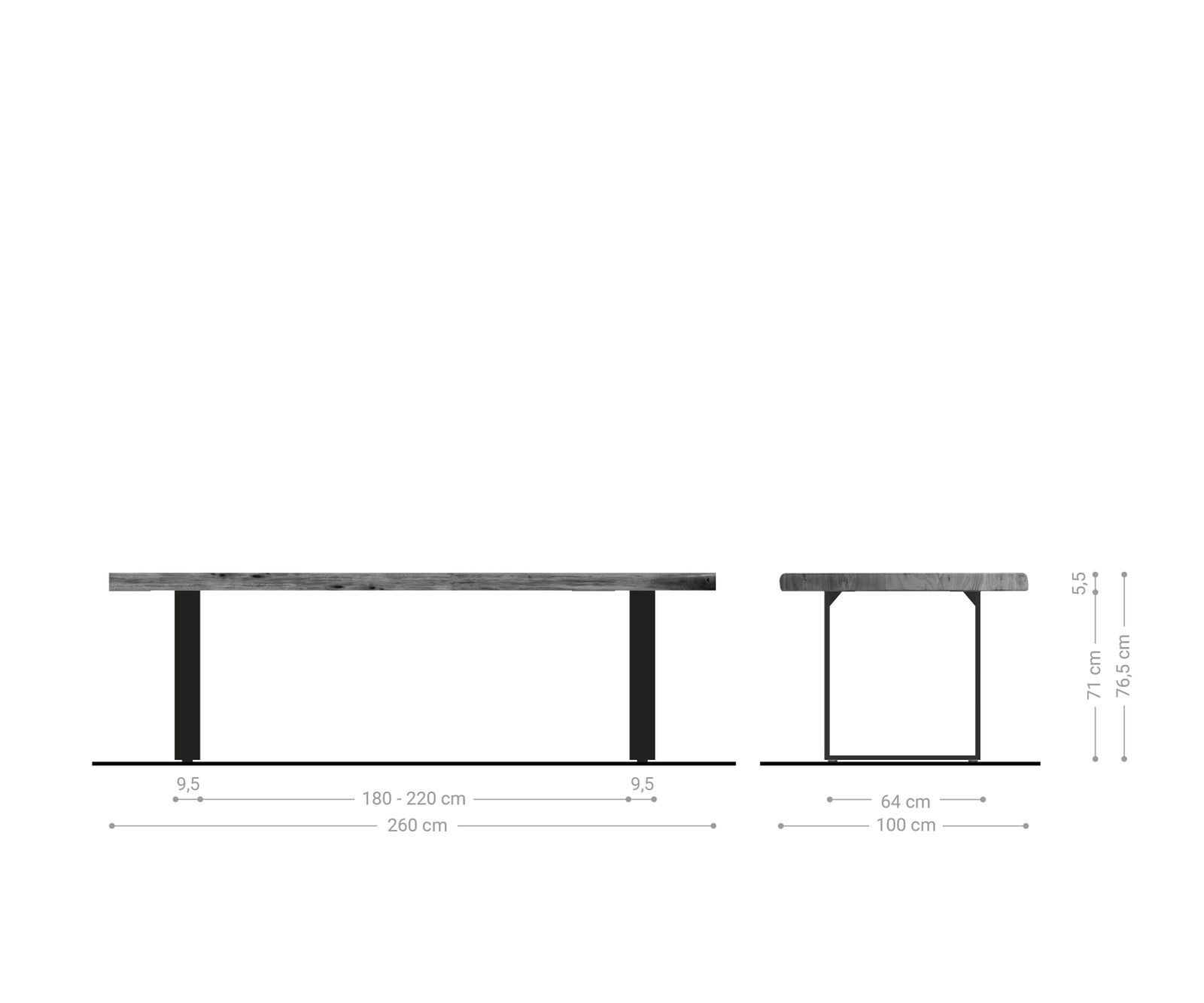 Eettafel Edge 260x100 XL acacia platina roestvrijstaal smal Live-Edge 7