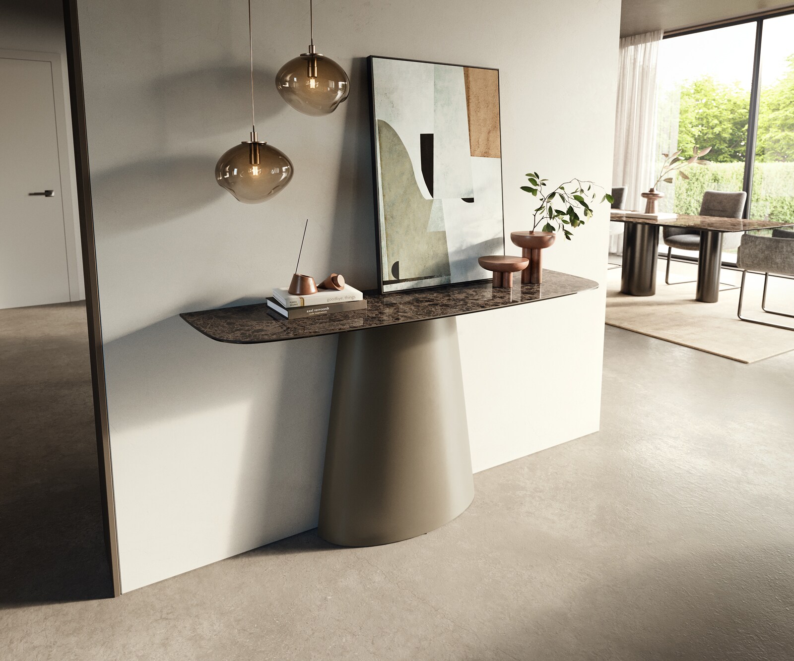 Consoletafel Edge Bootvorm 140x40 cm Keramiek Emperador Extra Lucidato Dunkelbraun Conos Metaal Effektfinish Titan 3