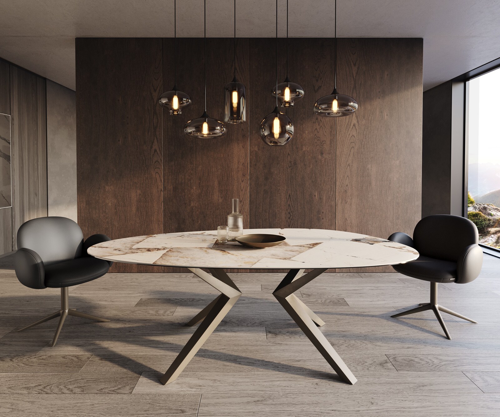Eetkamertafel Edge ovaal 220x120 keramiek Iris FMG Patagonia Lappato Zenthara hoekig metaal effectafwerking titaan 1