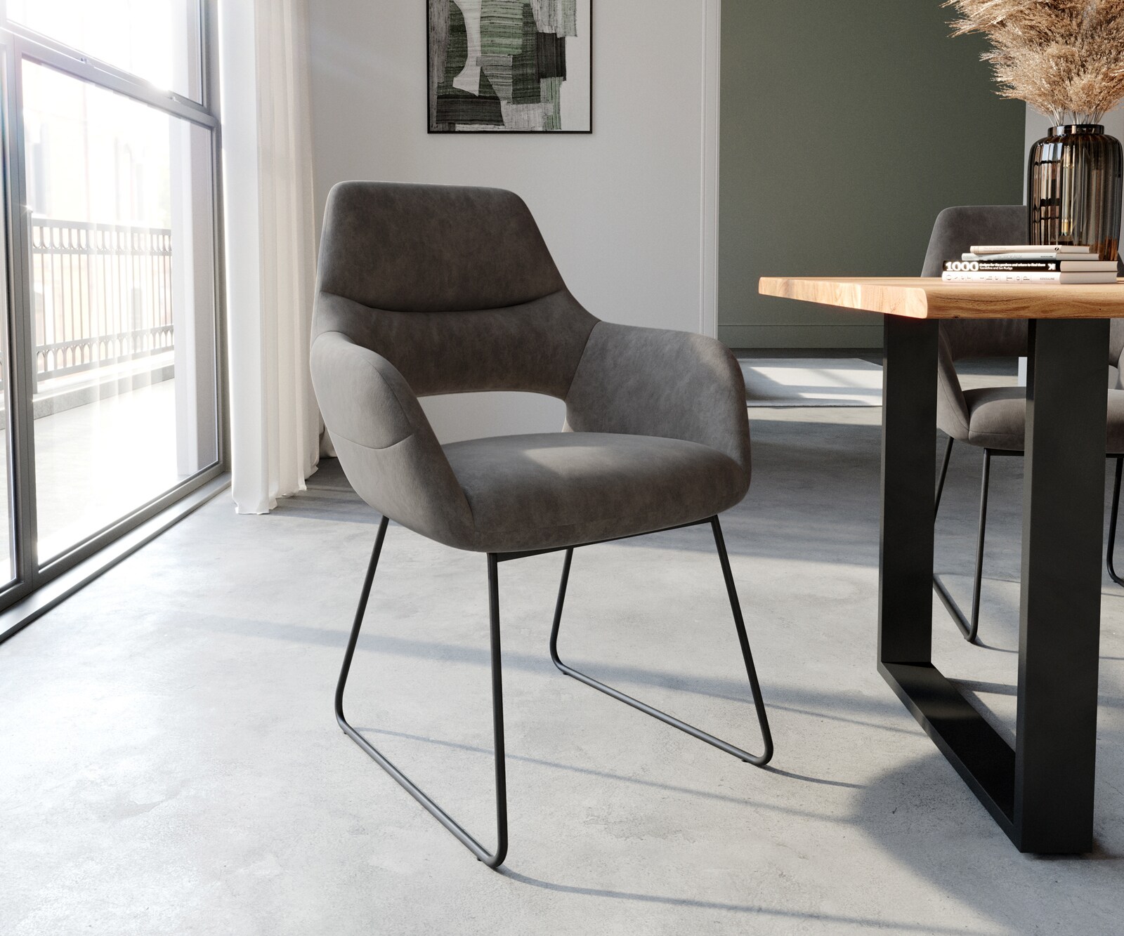 Eetkamerstoel Yago-Flex met armleuning microvelours antraciet vintage slipframe zwart pocketveer kern