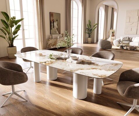 Eettafel Edge Boot 260x120 cm Keramiek Minas Melange Wit-Beige Pilier Metaal Wit