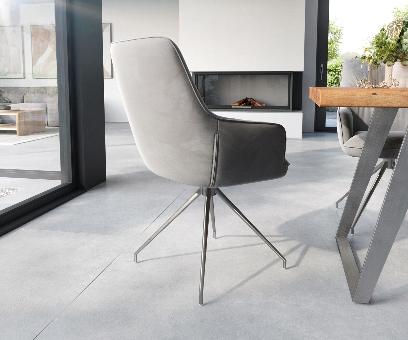 Eetkamerstoel Zelia-Flex met armleuning fluweel grijs kruisframe conisch roestvrij staal pocketveer kern 4 Eetkamerstoel Zelia-Flex met armleuning fluweel grijs kruisframe conisch roestvrij staal pocketveer kern 4