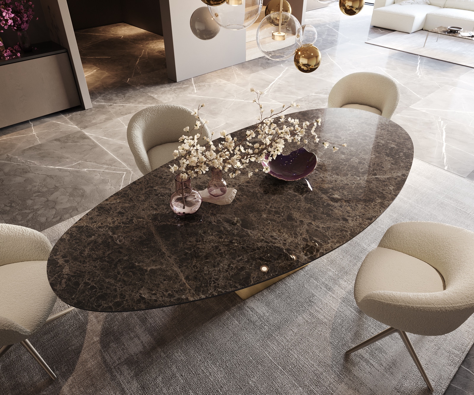 Eettafel Edge Oval 280x130 keramiek  Laminam® Emperador Extra Lucidato donkerbruin Prisma metaal goud 4