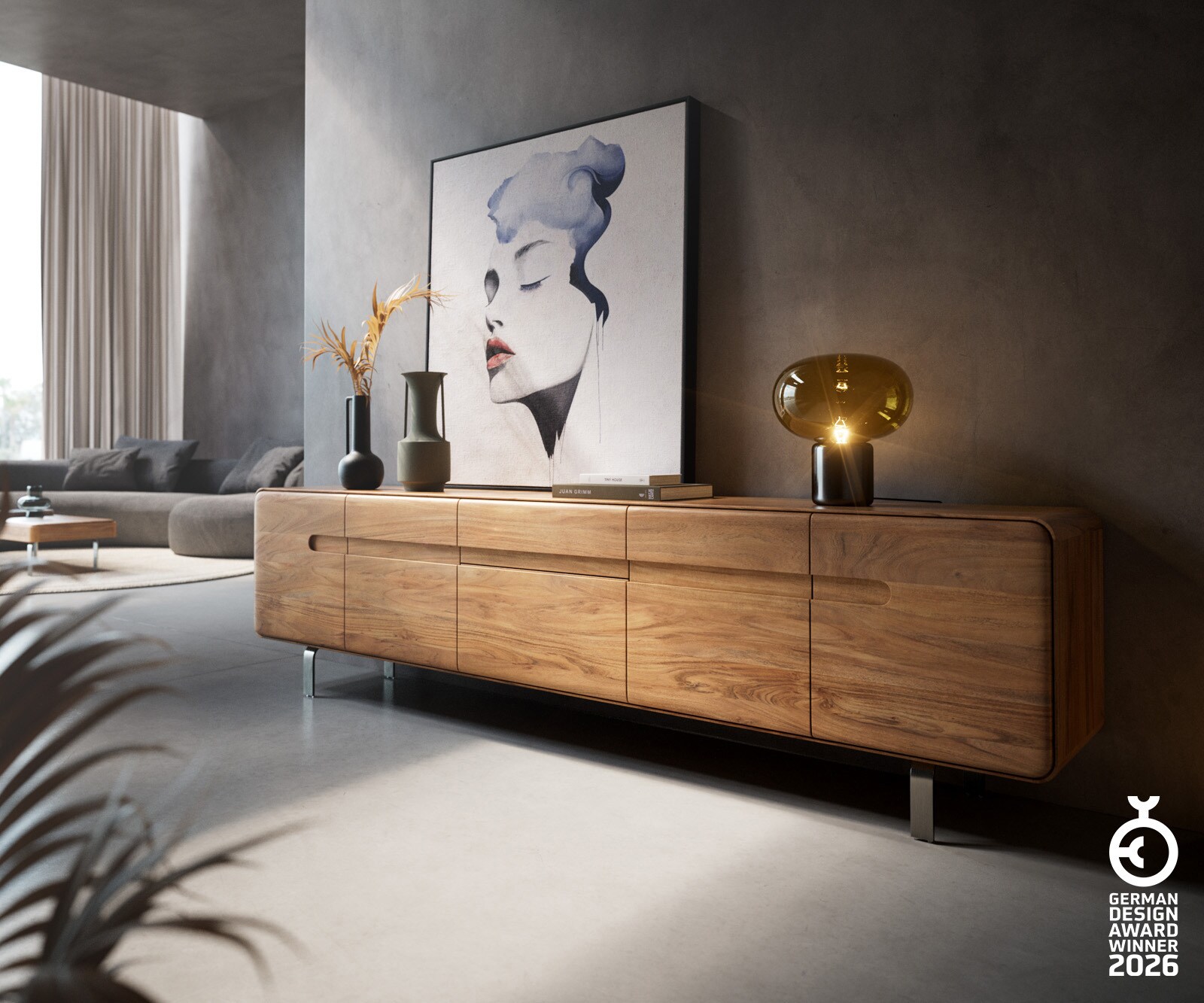 Tv-meubel Anaya 220 cm natuur acacia 4 deuren 2 laden L-onderstel roestvrij staal