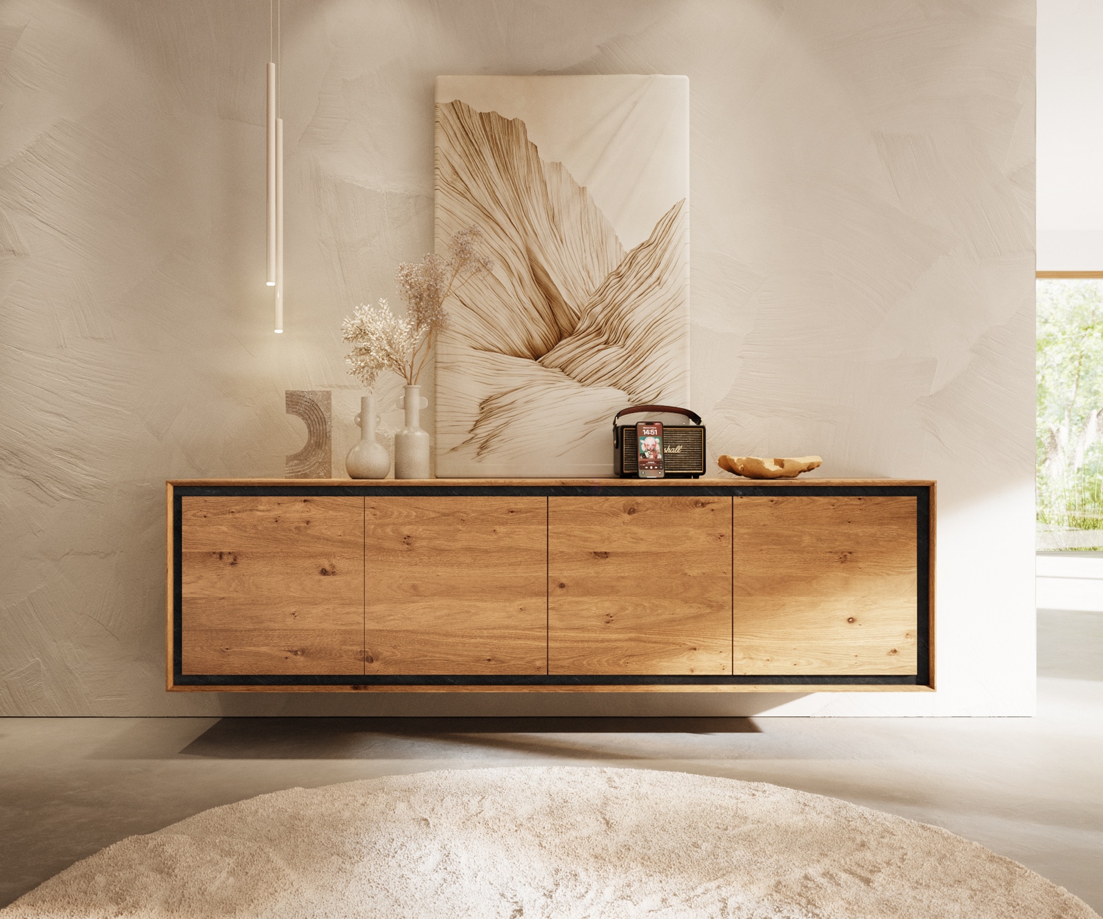 Dressoir Stonegrace 200 cm natuur eiken 4 deuren steenfineer zwevend 1 Dressoir Stonegrace 200 cm natuur eiken 4 deuren steenfineer zwevend 1